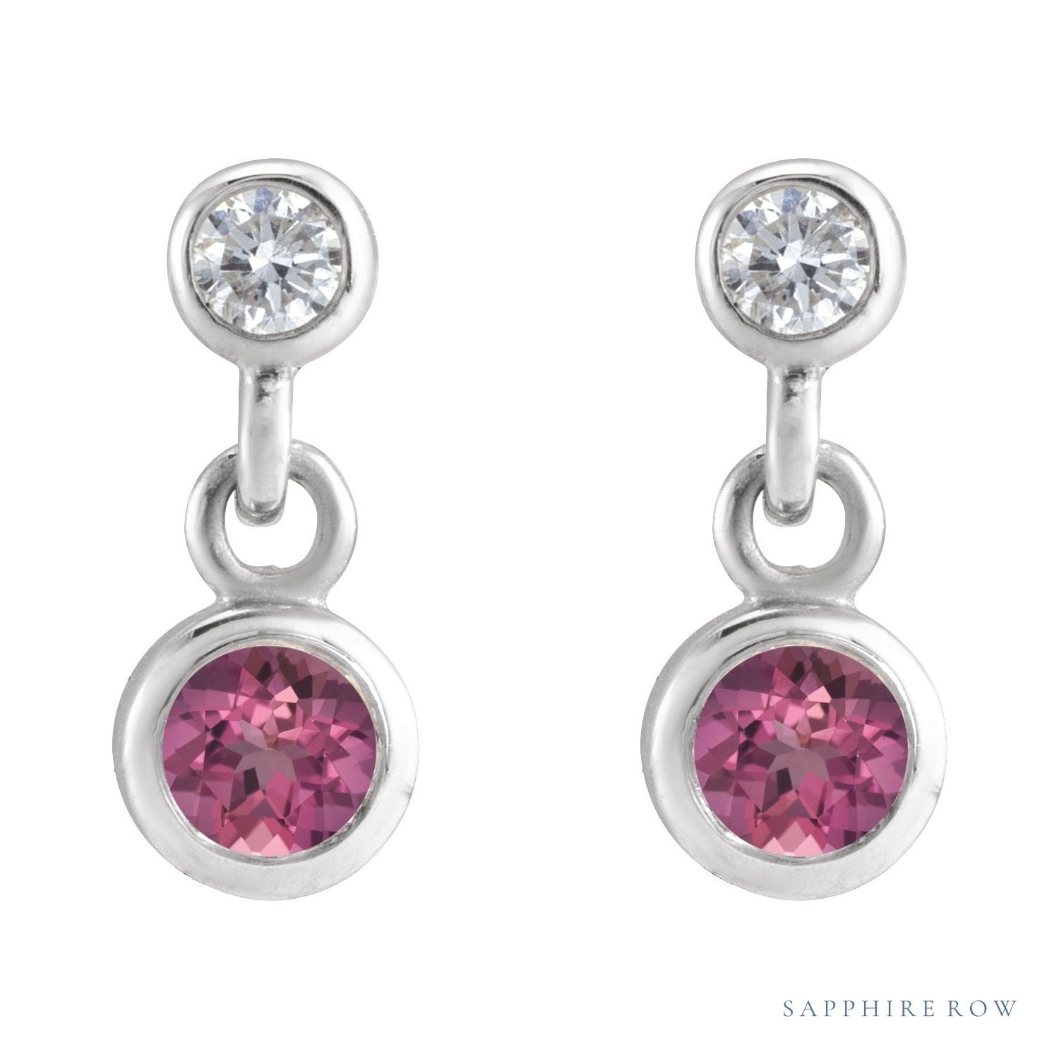 Sapphire Row Natural Gemstone Two-Stone Bezel Earrings - Pink Tourmaline, Platinum (view 2)