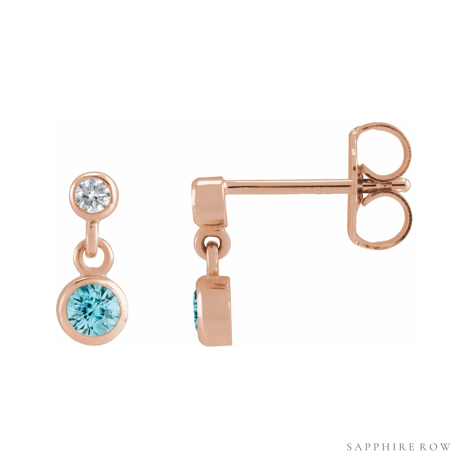 Sapphire Row Natural Gemstone Two-Stone Bezel Earrings - Blue Zircon, 14K Rose Gold
