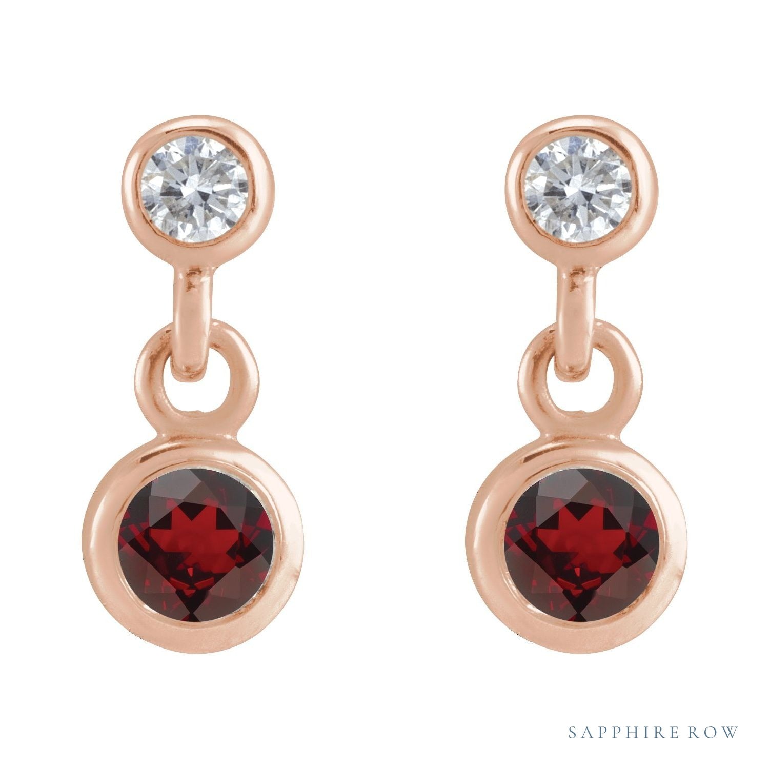 Sapphire Row Natural Gemstone Two-Stone Bezel Earrings - Mozambique Garnet, 14K Rose Gold (view 2)