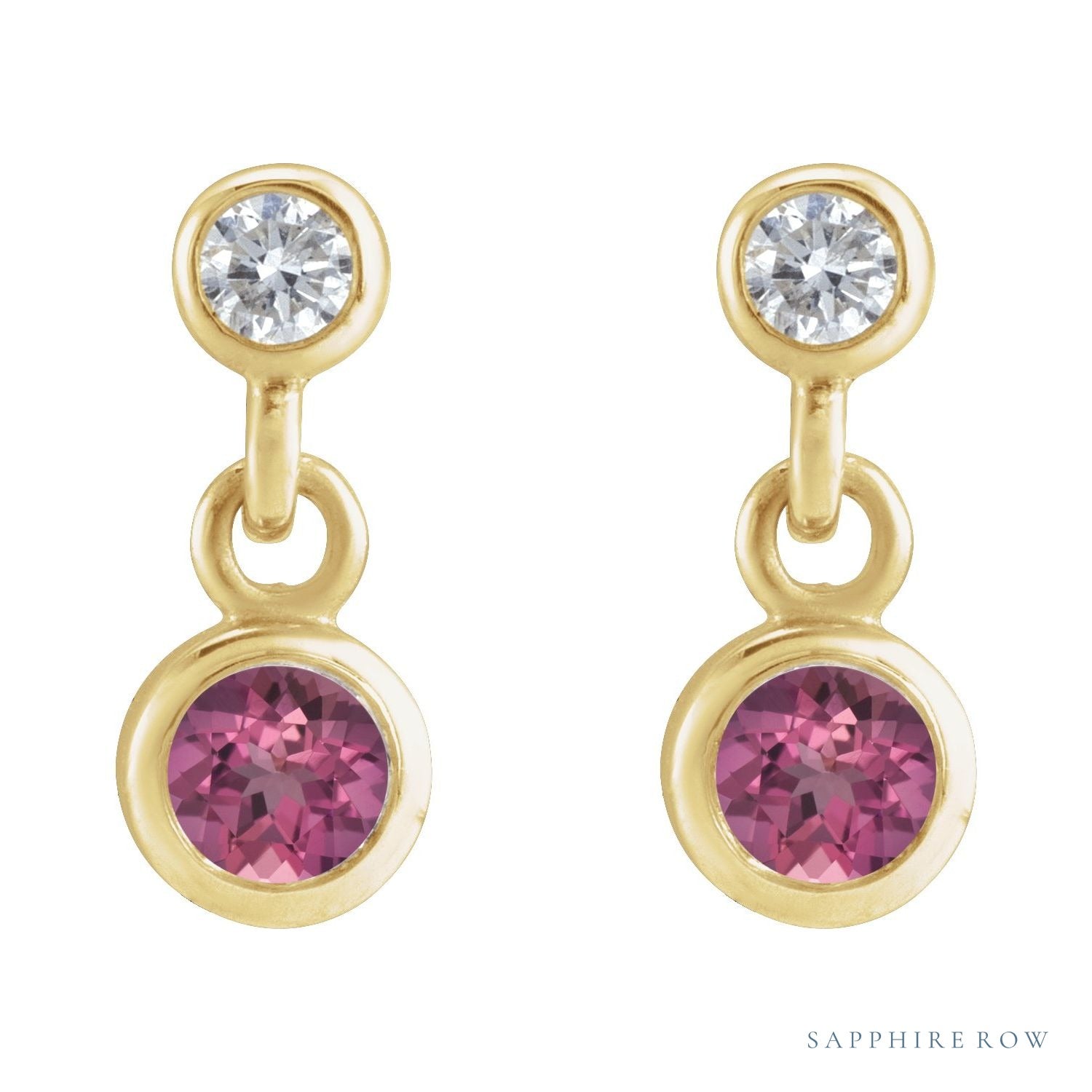 Sapphire Row Natural Gemstone Two-Stone Bezel Earrings - Pink Tourmaline, 14K Yellow Gold (view 2)