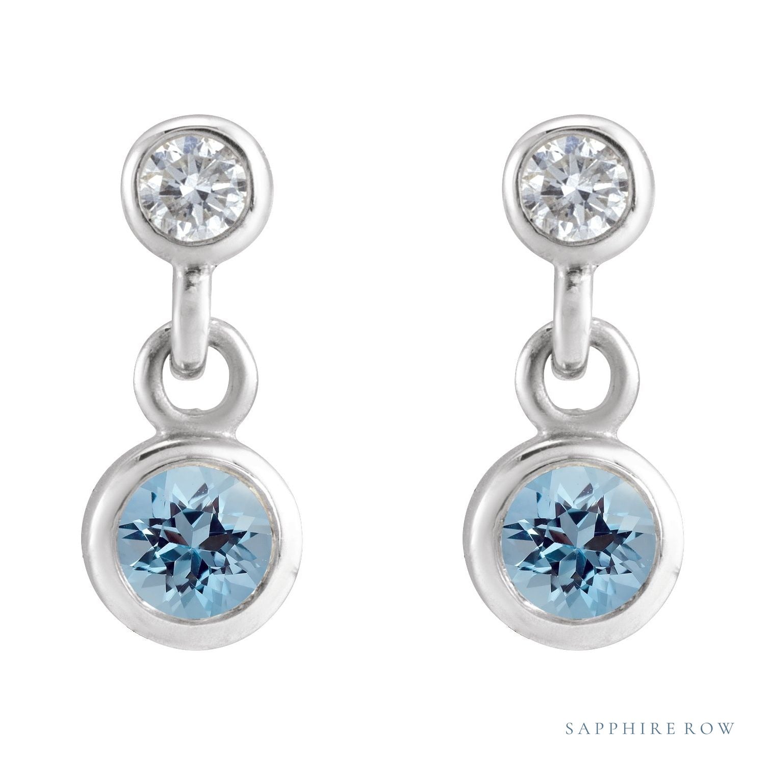 Sapphire Row Natural Gemstone Two-Stone Bezel Earrings - Aquamarine, Platinum (view 2)