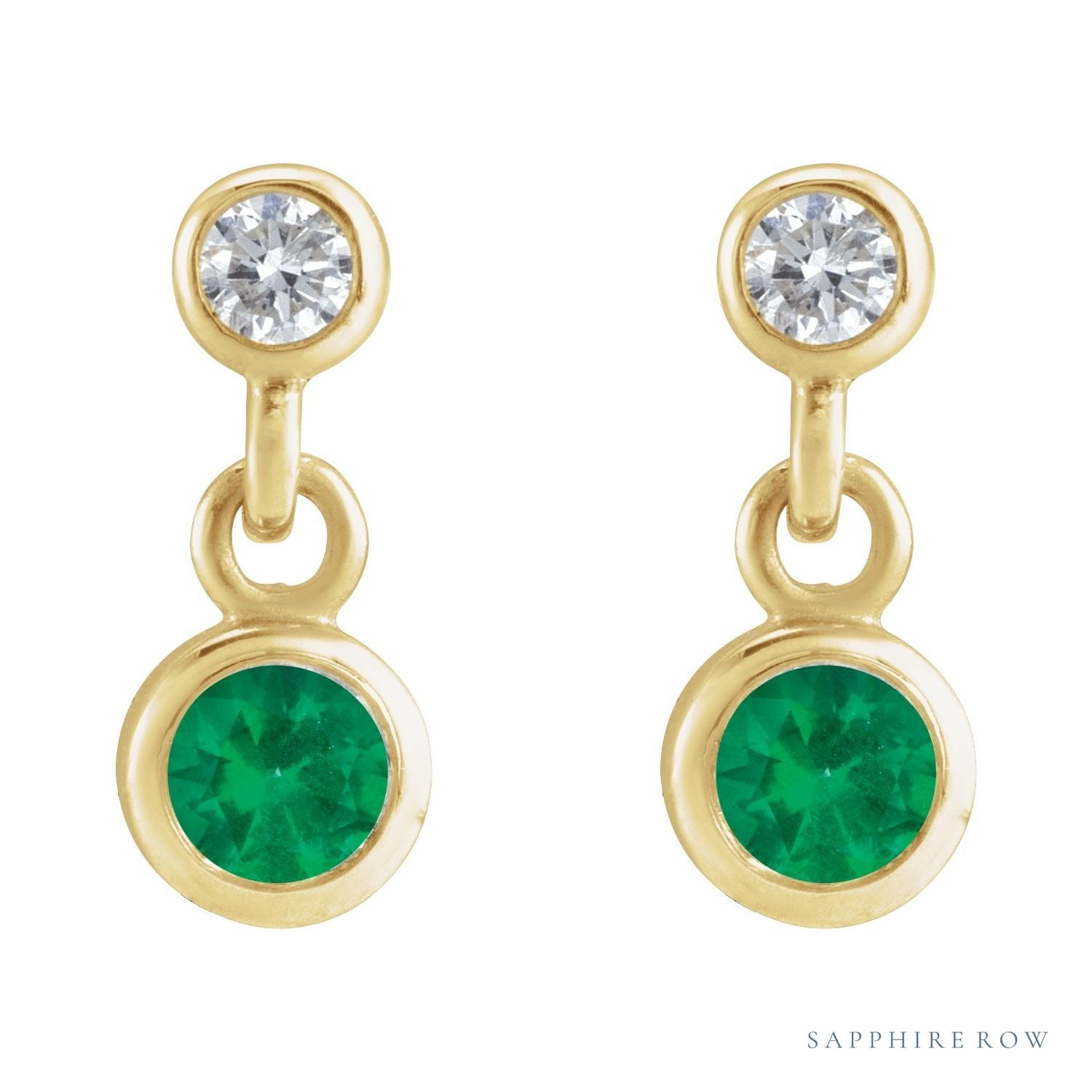 Sapphire Row Natural Gemstone Two-Stone Bezel Earrings - Emerald, 14K Yellow Gold (view 2)
