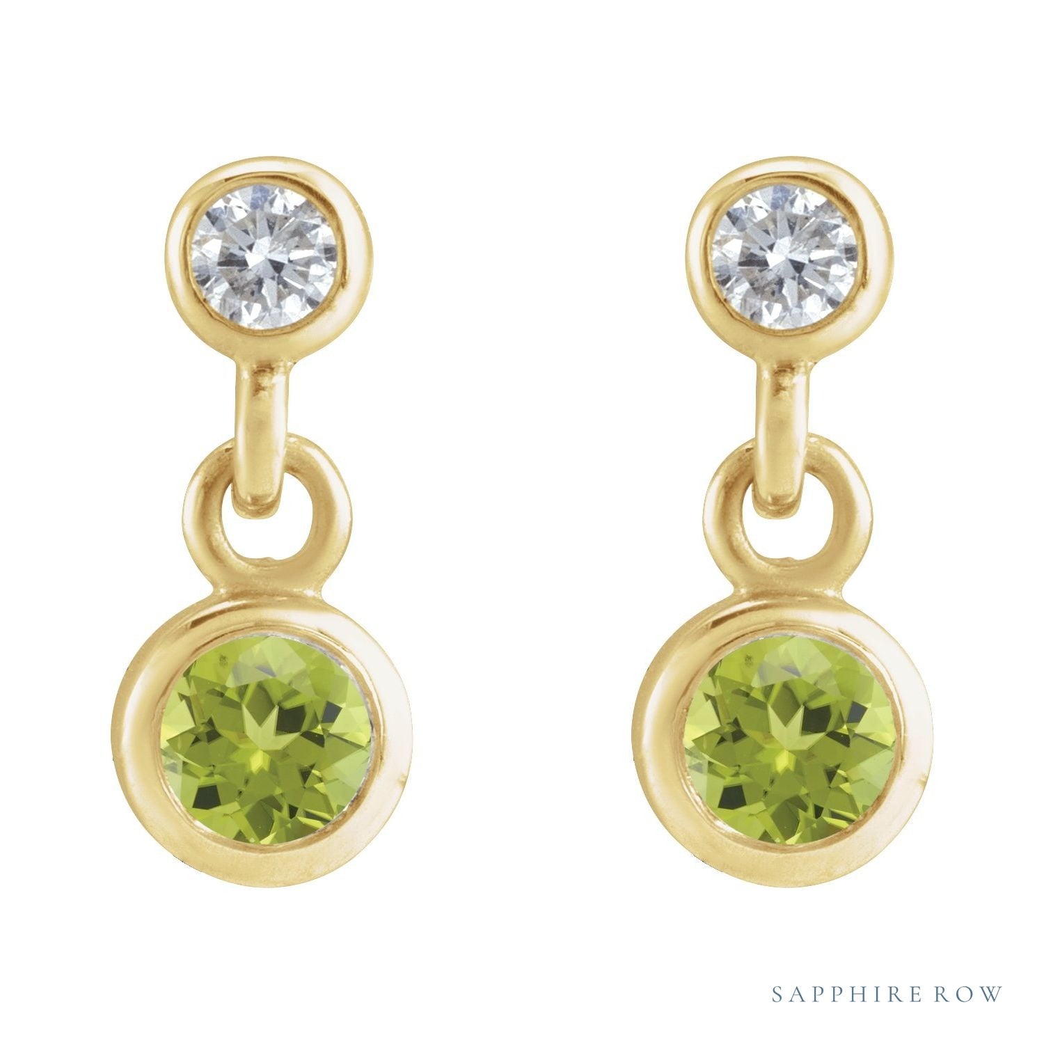 Sapphire Row Natural Gemstone Two-Stone Bezel Earrings - Peridot, 14K Yellow Gold (view 2)