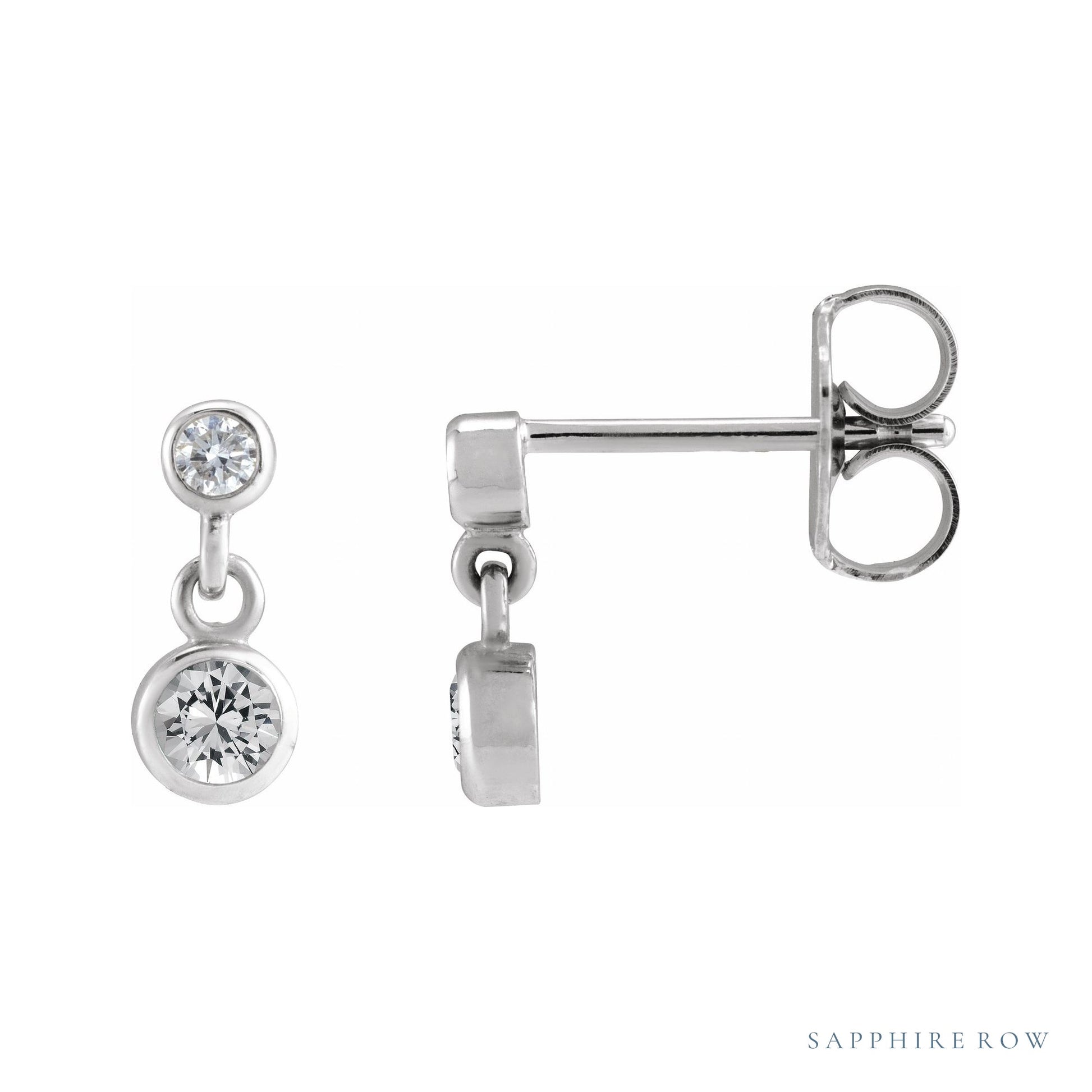 Sapphire Row Natural Gemstone Two-Stone Bezel Earrings - White Sapphire, Platinum