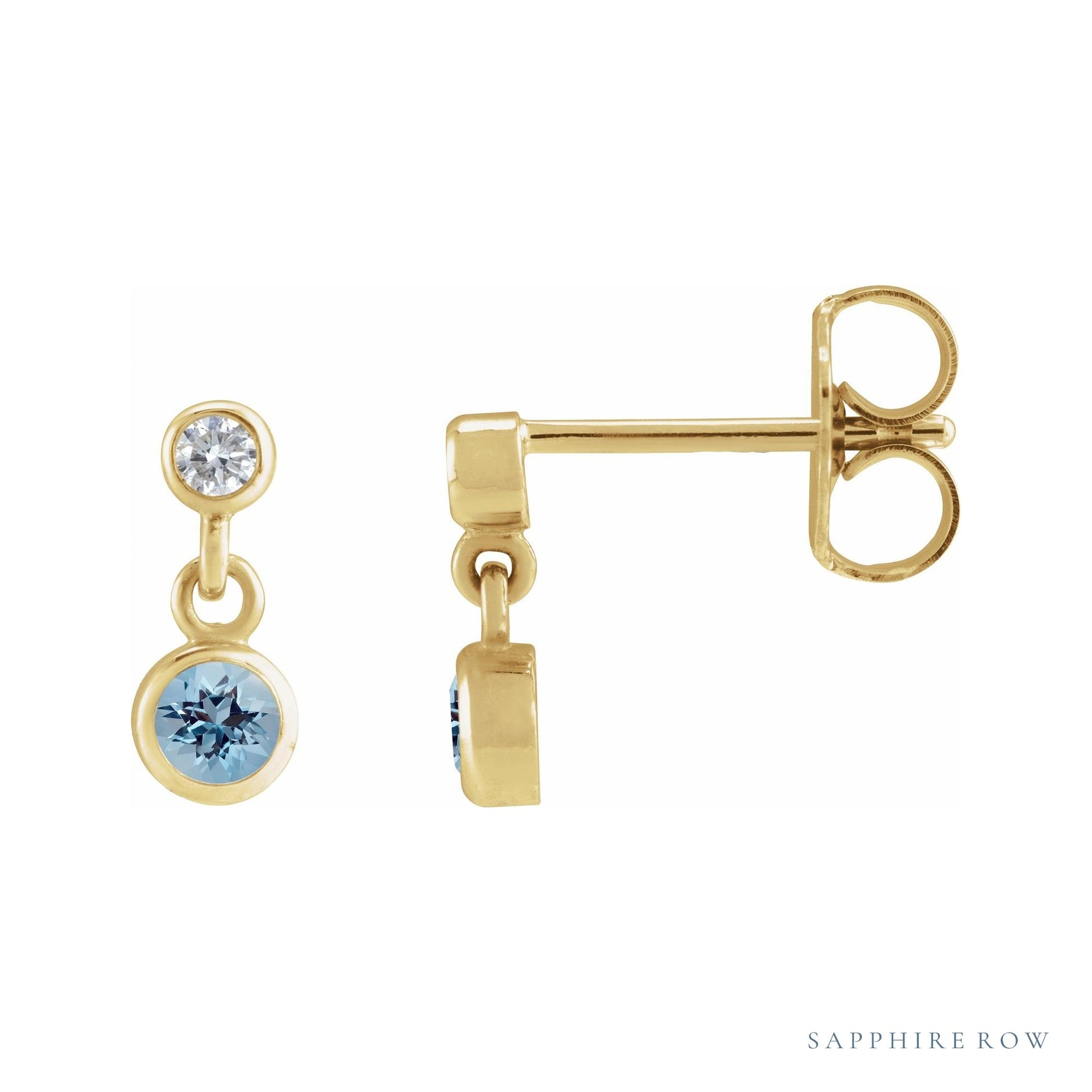 Sapphire Row Natural Gemstone Two-Stone Bezel Earrings - Aquamarine, 14K Yellow Gold