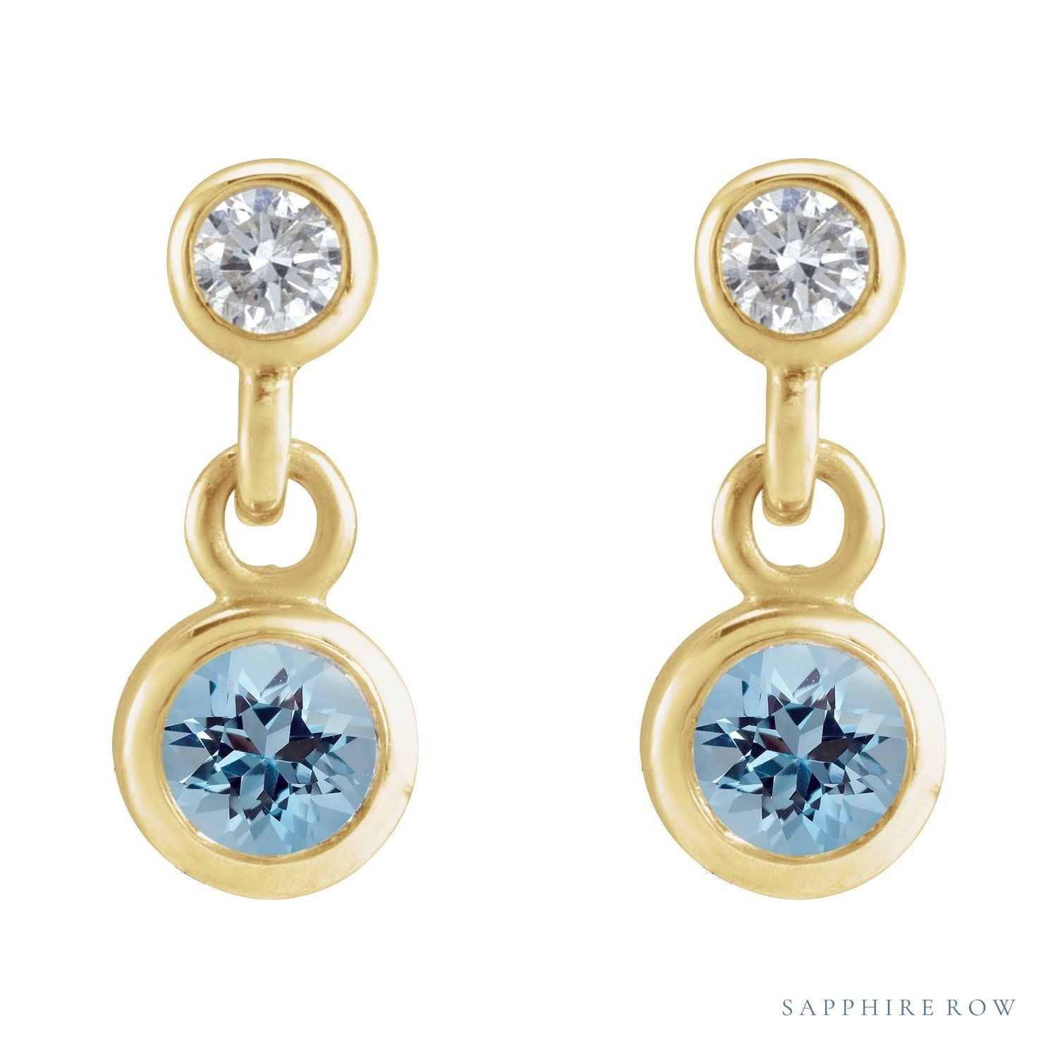 Sapphire Row Natural Gemstone Two-Stone Bezel Earrings - Aquamarine, 14K Yellow Gold (view 2)