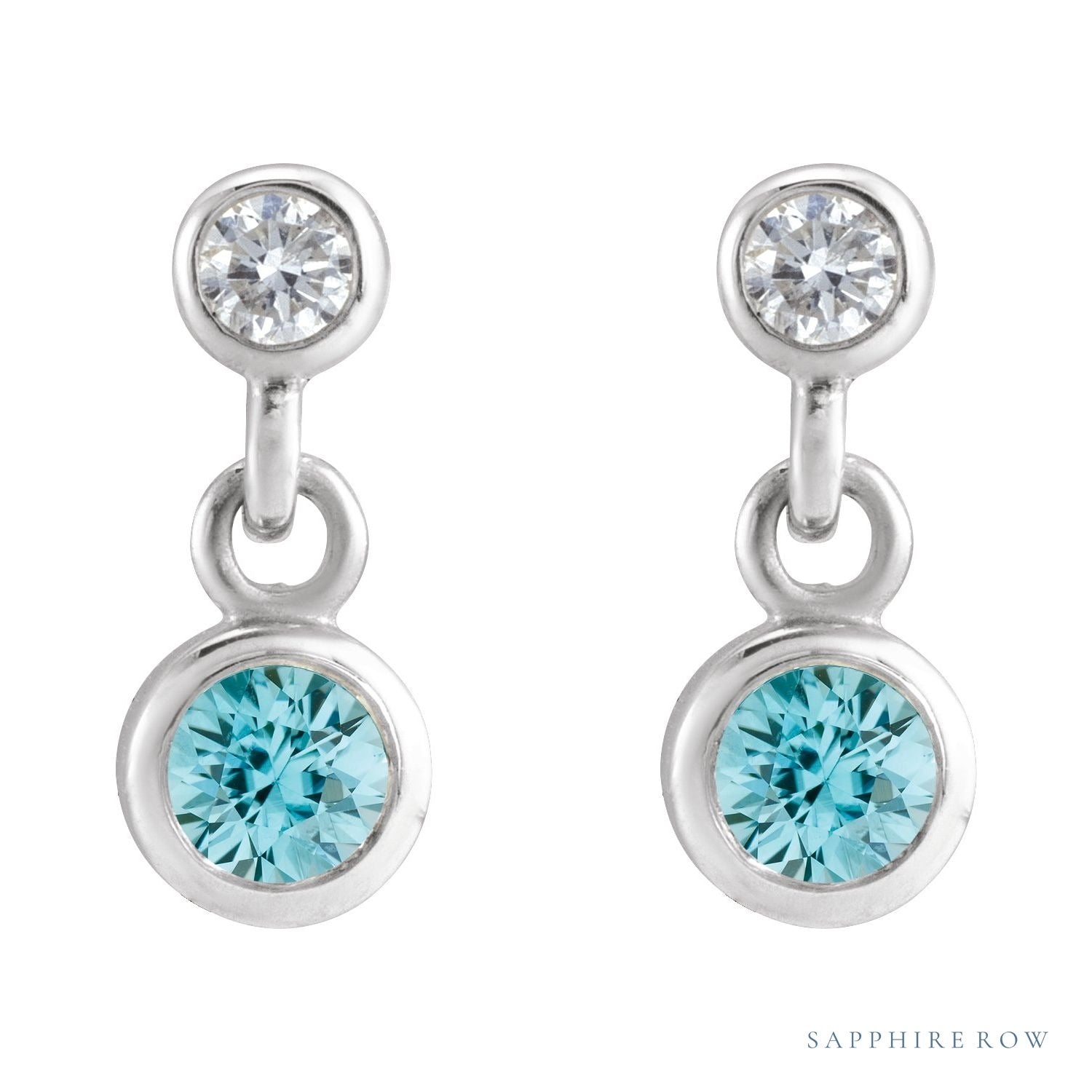 Sapphire Row Natural Gemstone Two-Stone Bezel Earrings - Blue Zircon, 14K White Gold (view 2)