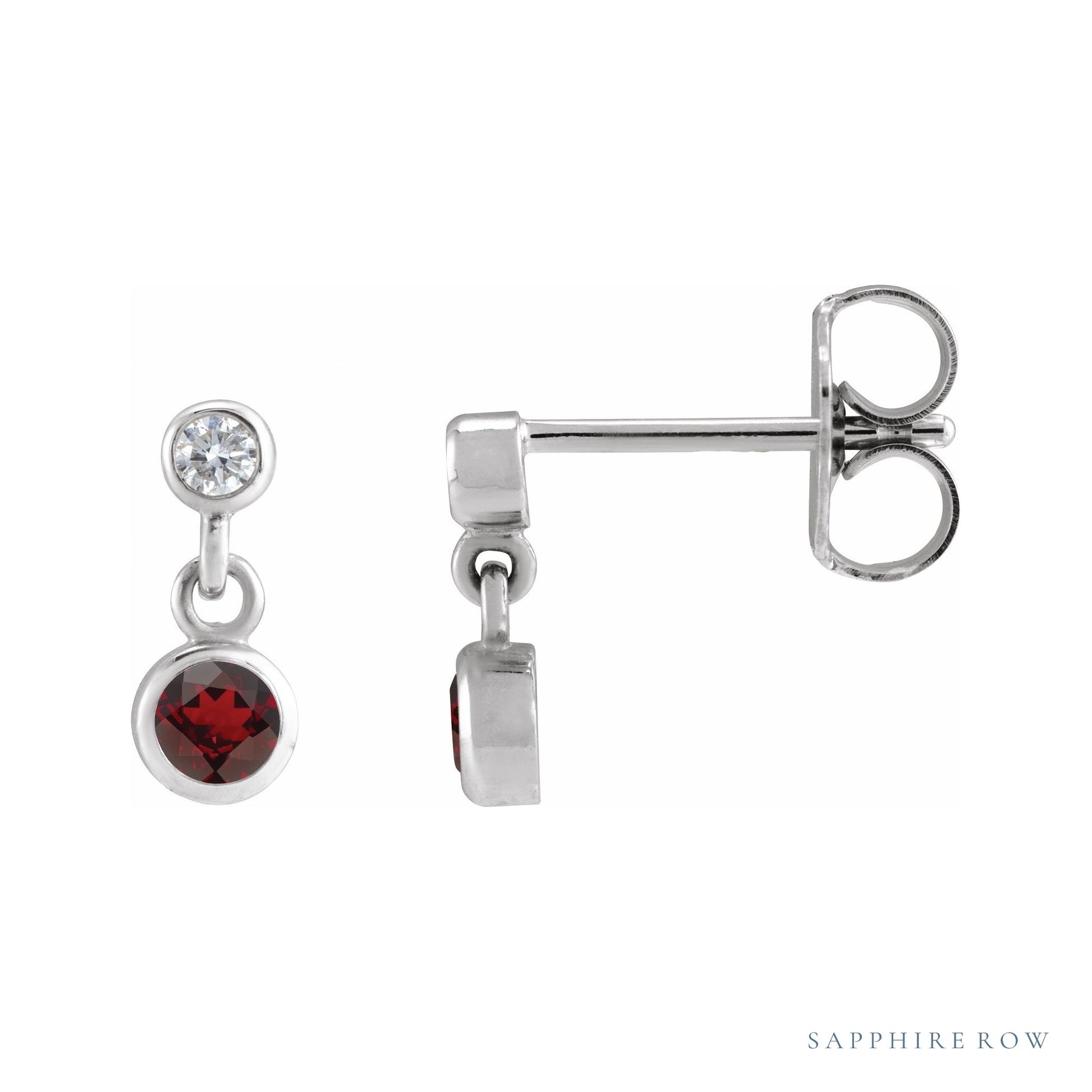 Sapphire Row Natural Gemstone Two-Stone Bezel Earrings - Mozambique Garnet, Platinum