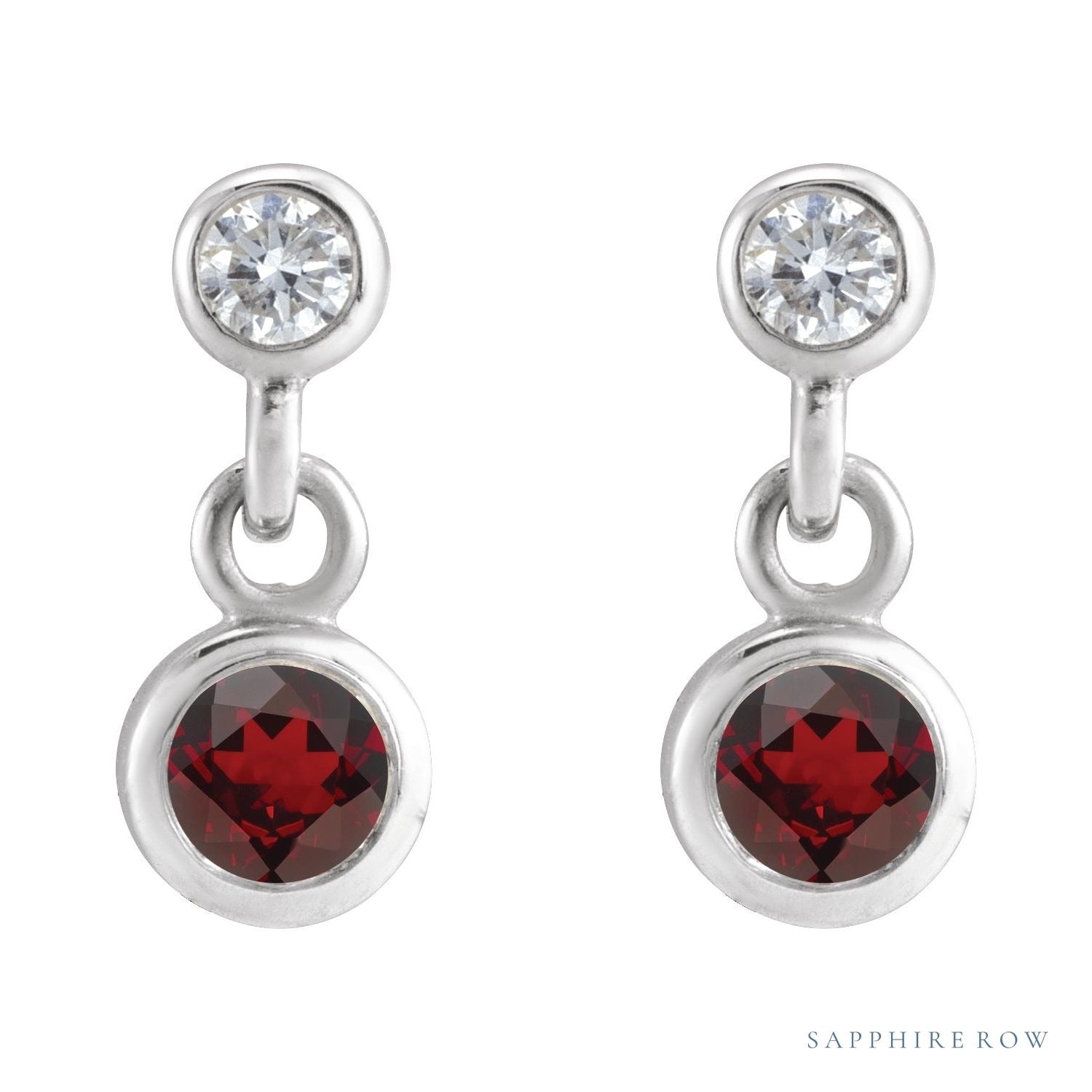 Sapphire Row Natural Gemstone Two-Stone Bezel Earrings - Mozambique Garnet, Platinum (view 2)