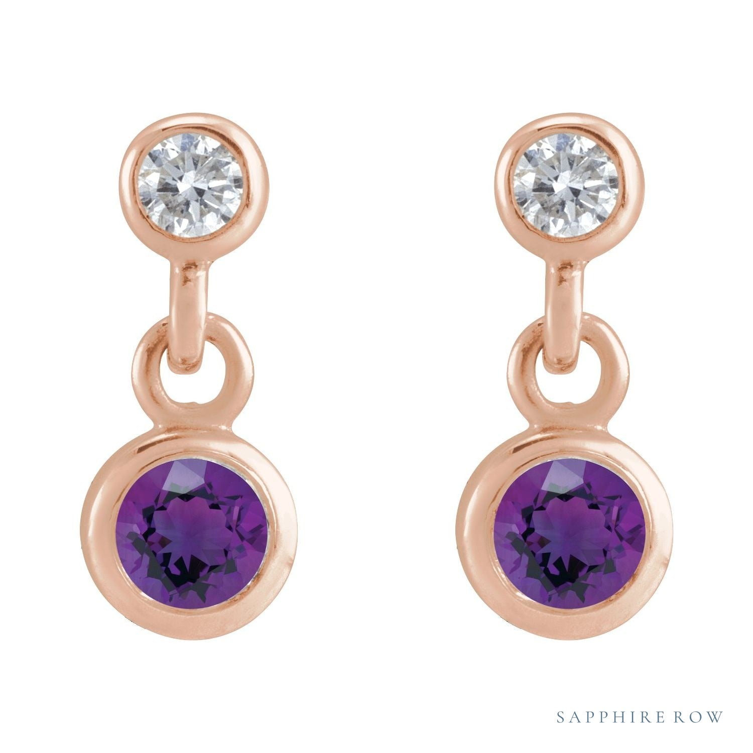 Sapphire Row Natural Gemstone Two-Stone Bezel Earrings - Amethyst, 14K Rose Gold (view 2)