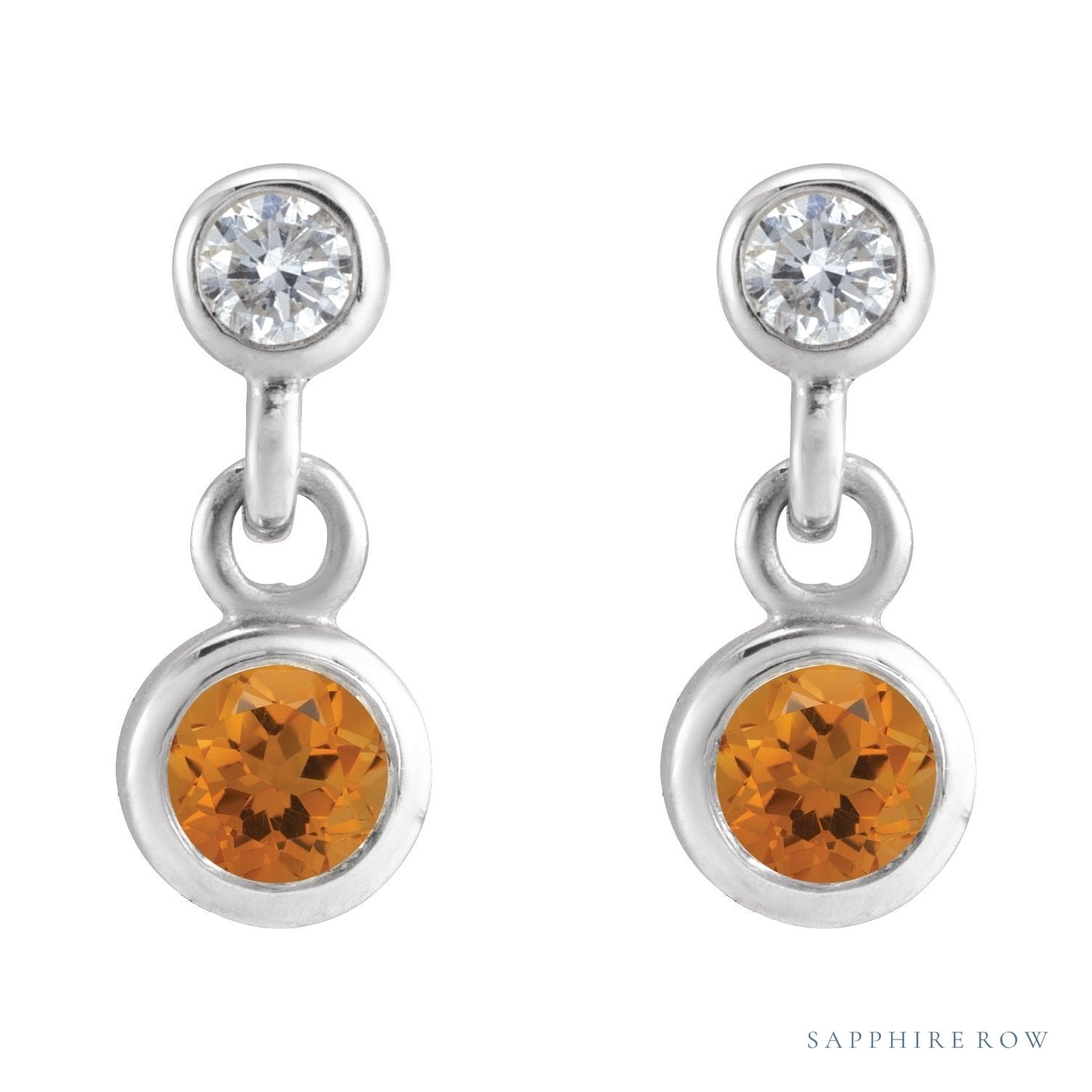Sapphire Row Natural Gemstone Two-Stone Bezel Earrings - Citrine, 14K White Gold (view 2)