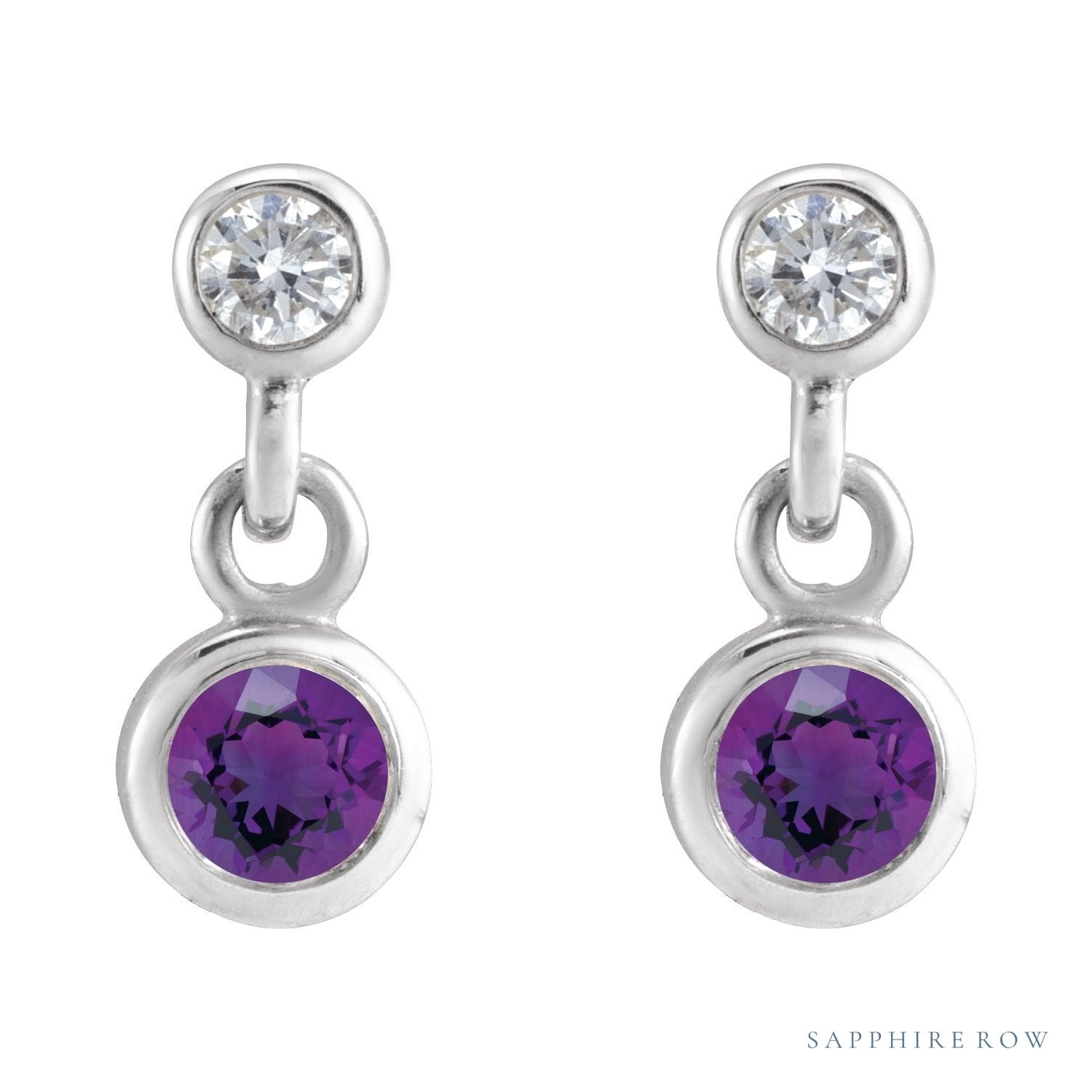 Sapphire Row Natural Gemstone Two-Stone Bezel Earrings - Amethyst, Platinum (view 2)