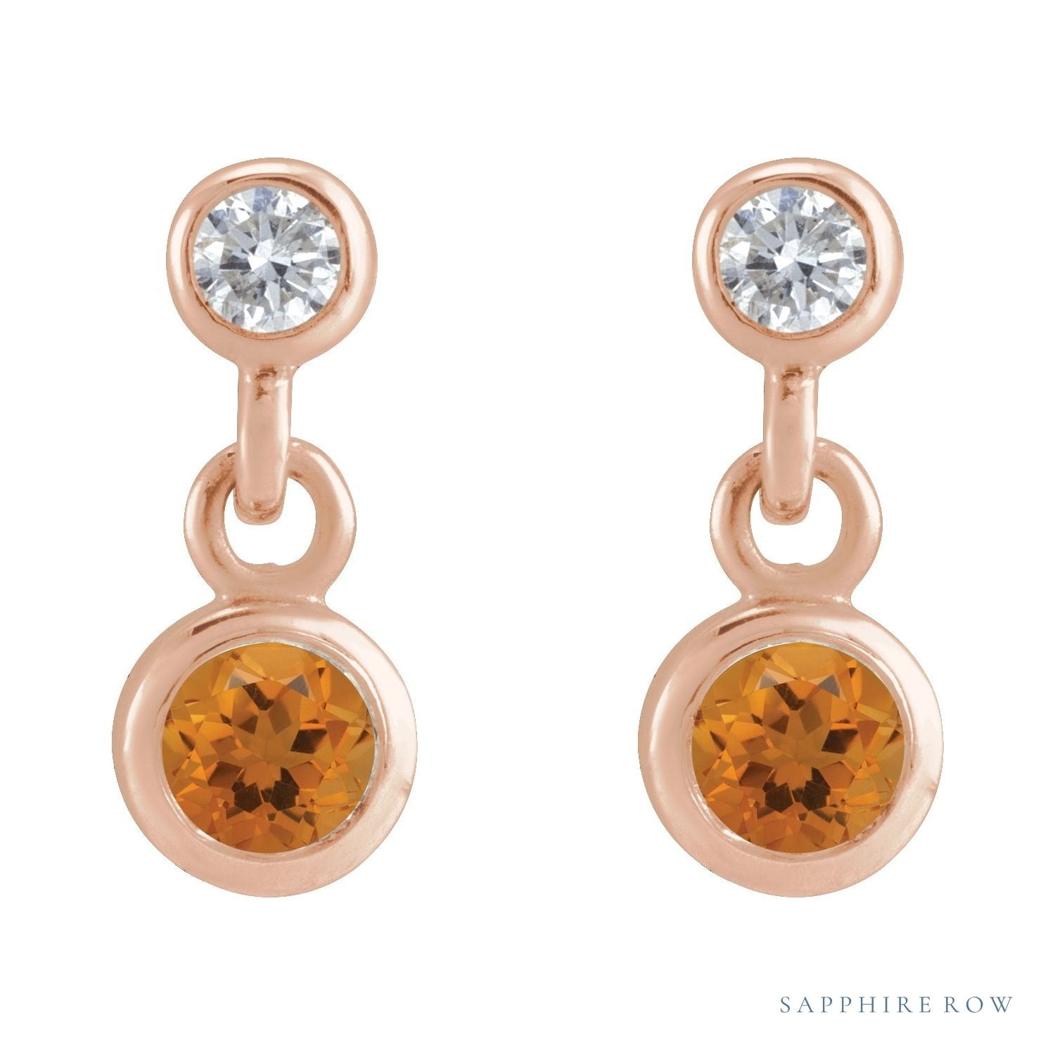 Sapphire Row Natural Gemstone Two-Stone Bezel Earrings - Citrine, 14K Rose Gold (view 2)