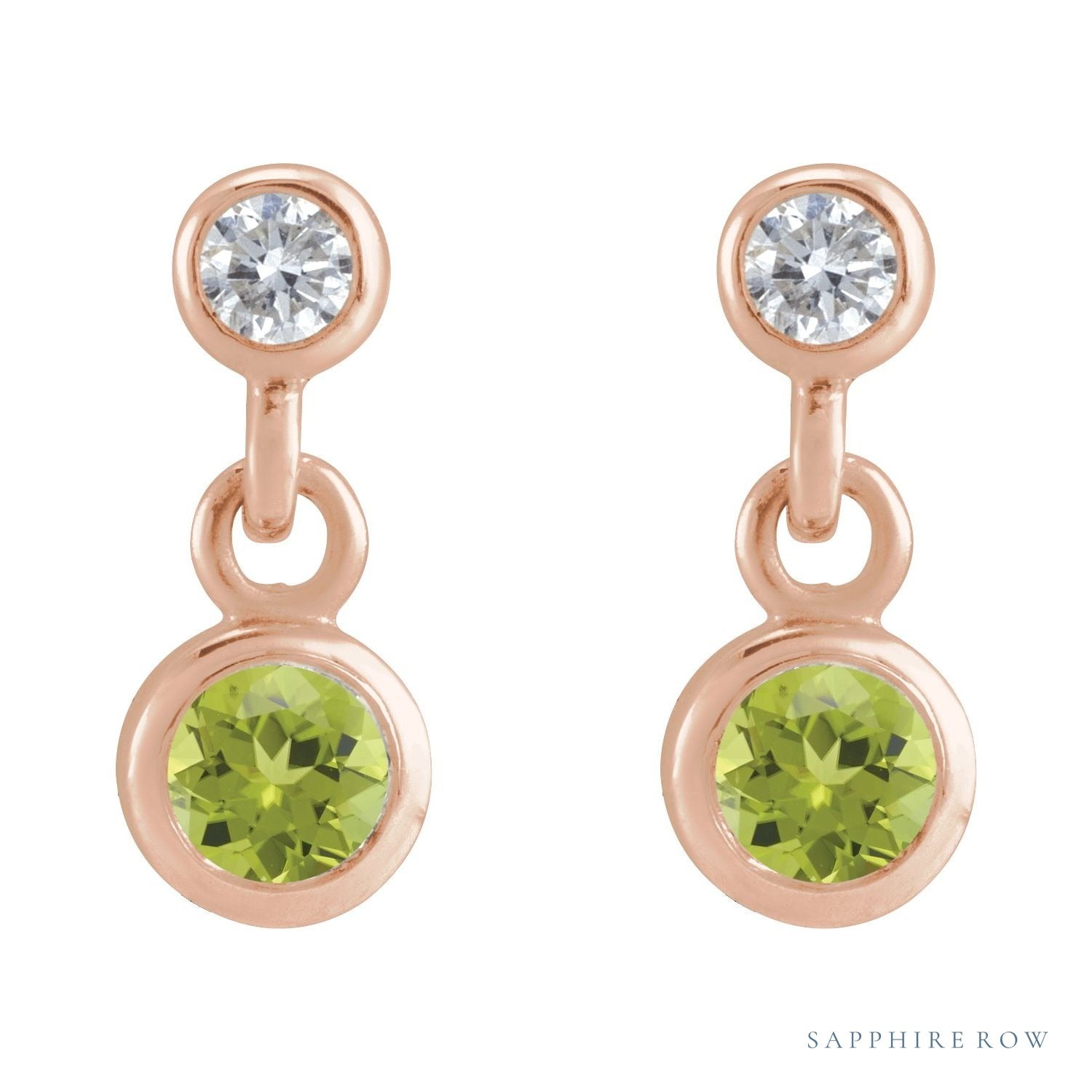 Sapphire Row Natural Gemstone Two-Stone Bezel Earrings - Peridot, 14K Rose Gold (view 2)
