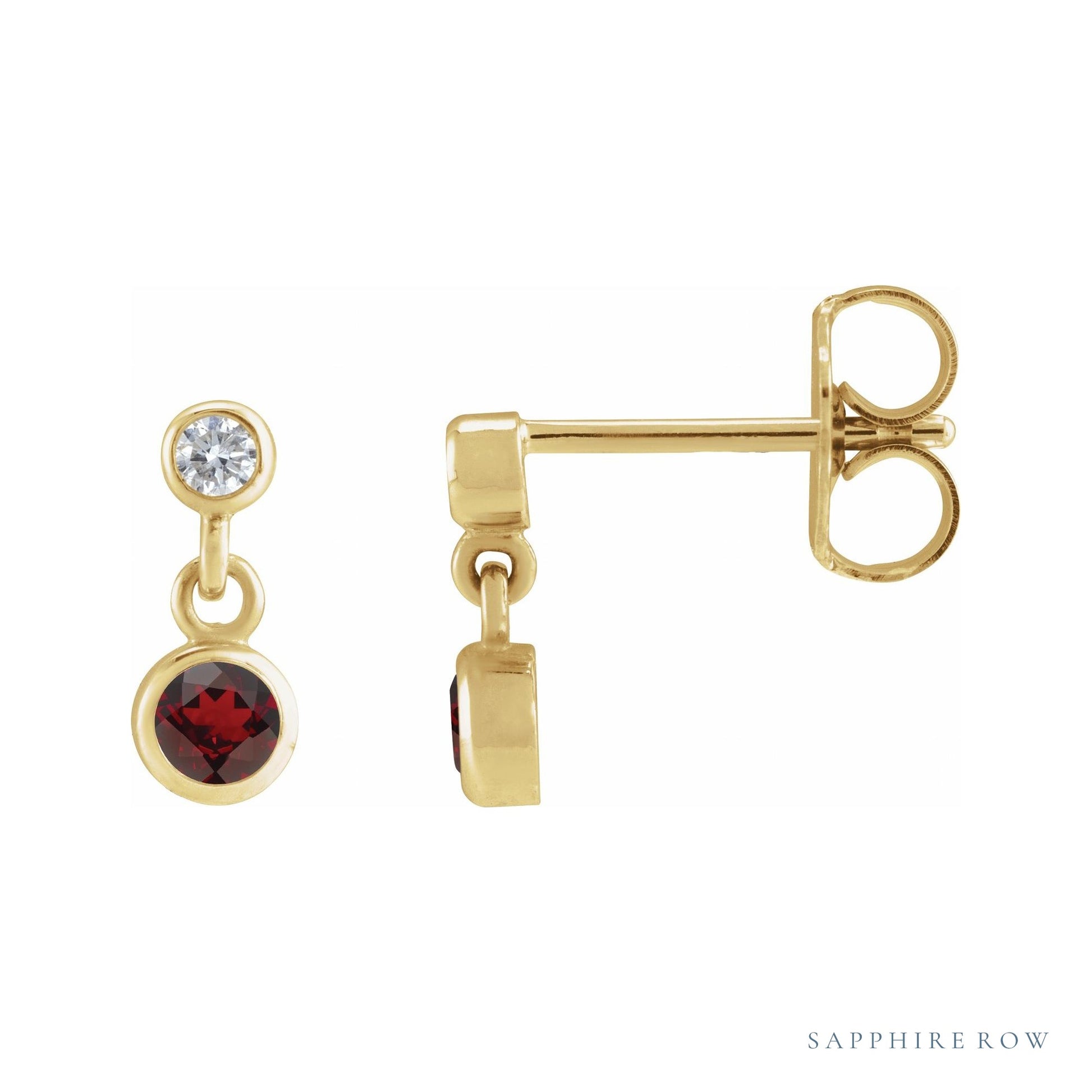 Sapphire Row Natural Gemstone Two-Stone Bezel Earrings - Mozambique Garnet, 14K Yellow Gold