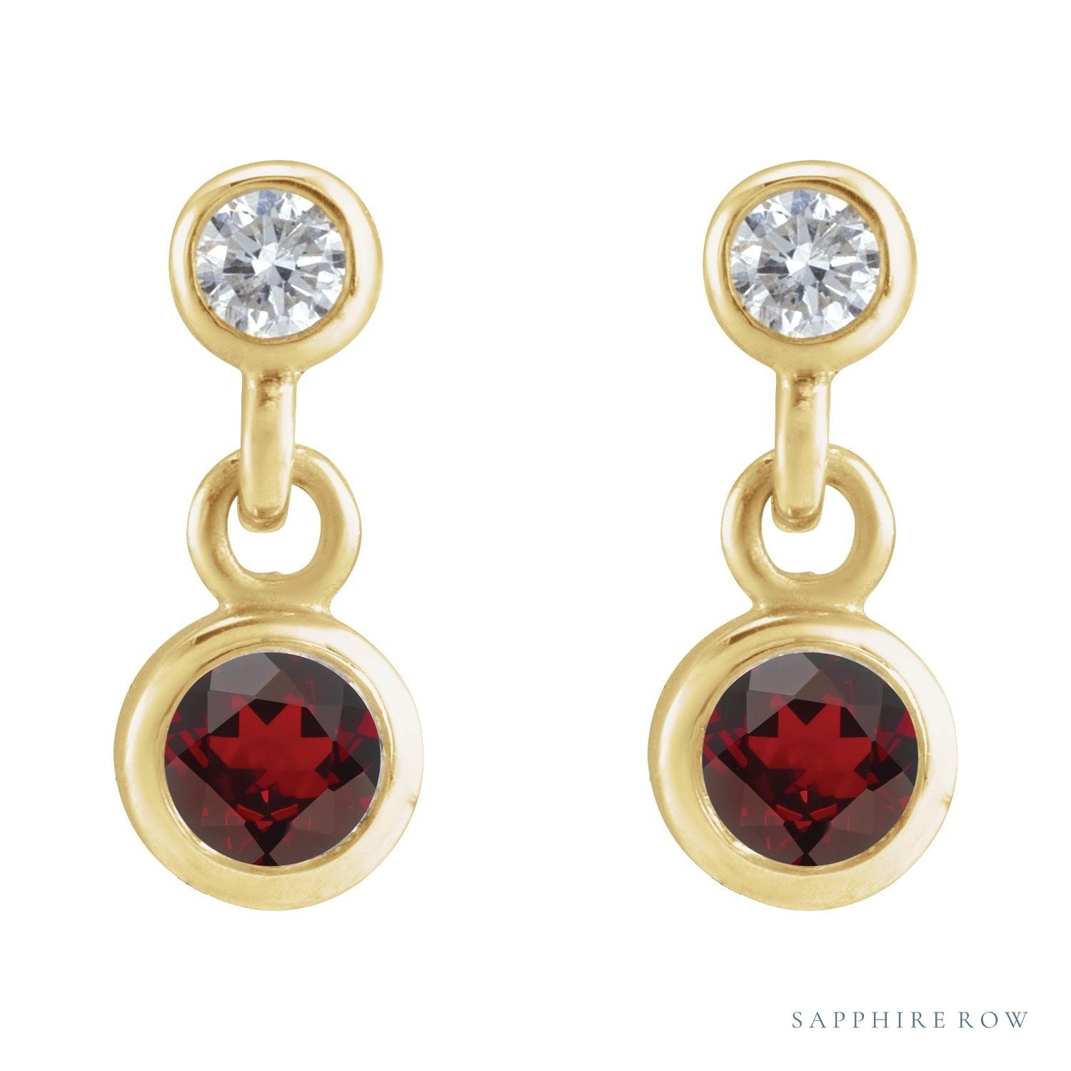 Sapphire Row Natural Gemstone Two-Stone Bezel Earrings - Mozambique Garnet, 14K Yellow Gold (view 2)