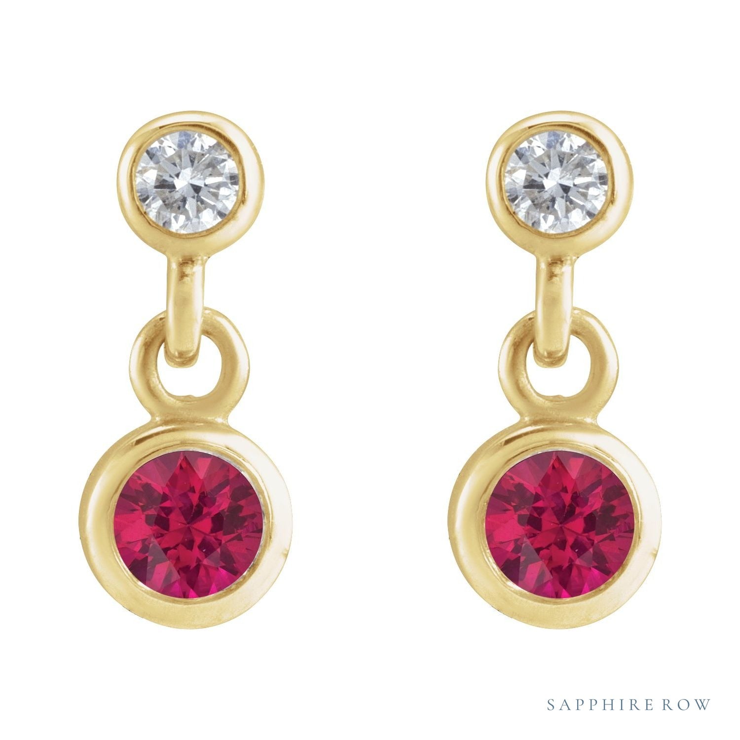 Sapphire Row Natural Gemstone Two-Stone Bezel Earrings - Ruby, 14K Yellow Gold (view 2)