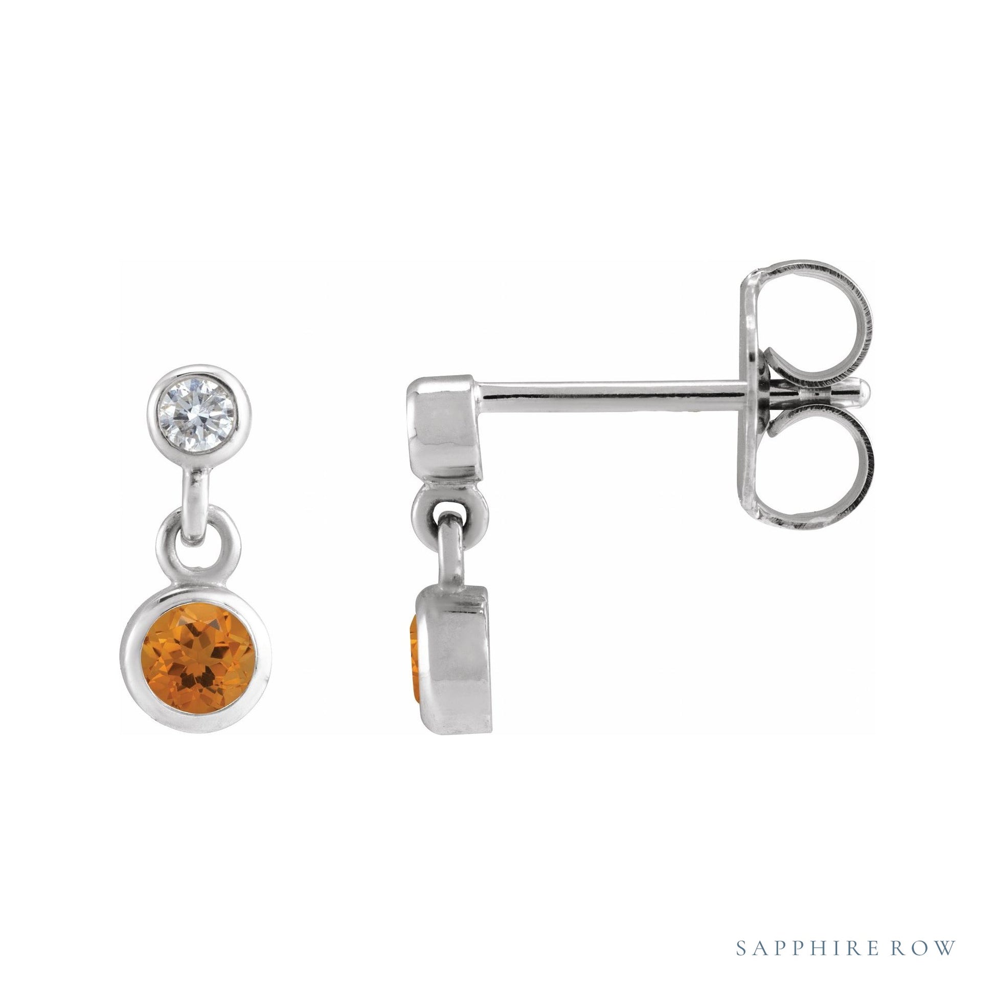 Sapphire Row Natural Gemstone Two-Stone Bezel Earrings - Citrine, Platinum