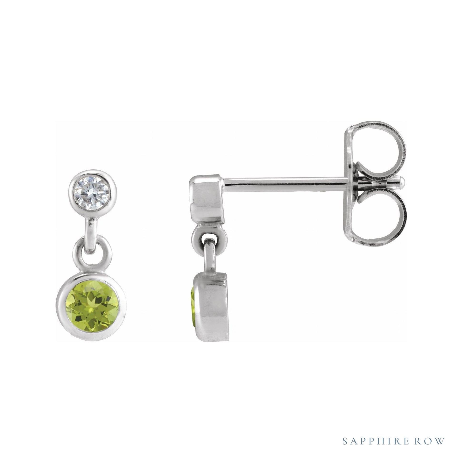 Sapphire Row Natural Gemstone Two-Stone Bezel Earrings - Peridot, Platinum