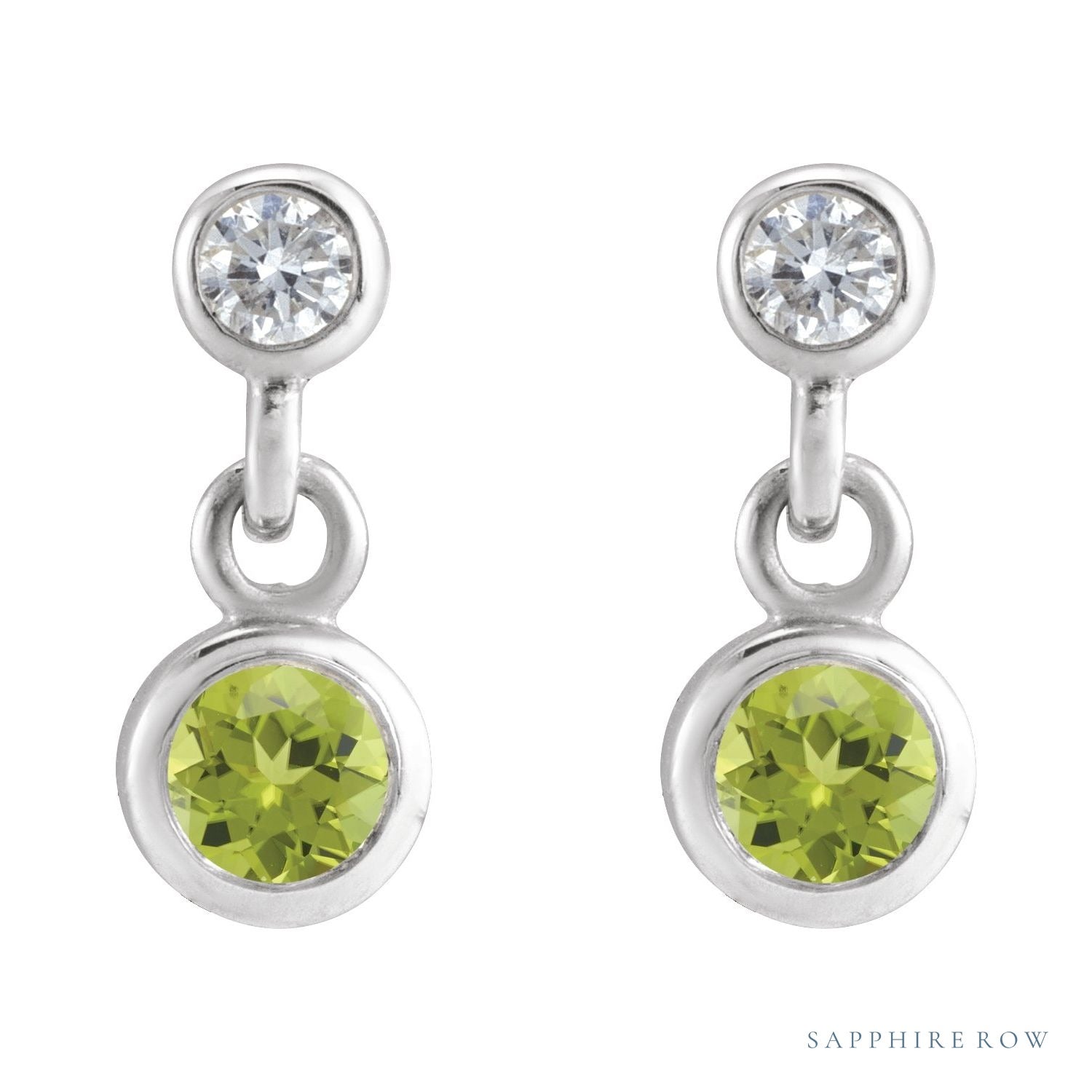 Sapphire Row Natural Gemstone Two-Stone Bezel Earrings - Peridot, Platinum (view 2)