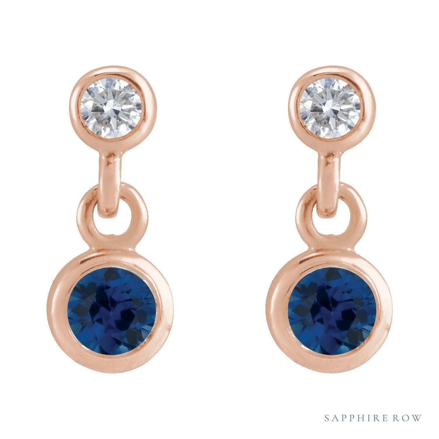 Sapphire Row Natural Gemstone Two-Stone Bezel Earrings - Blue Sapphire, 14K Rose Gold (view 2)