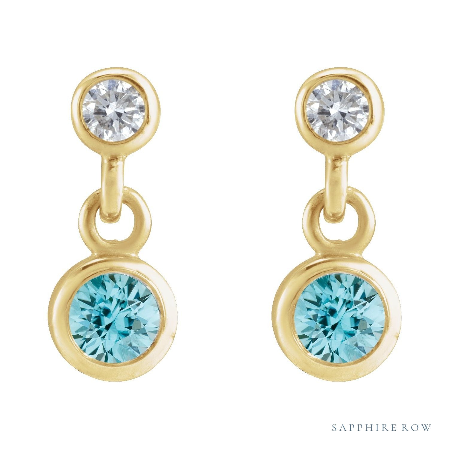 Sapphire Row Natural Gemstone Two-Stone Bezel Earrings - Blue Zircon, 14K Yellow Gold (view 2)
