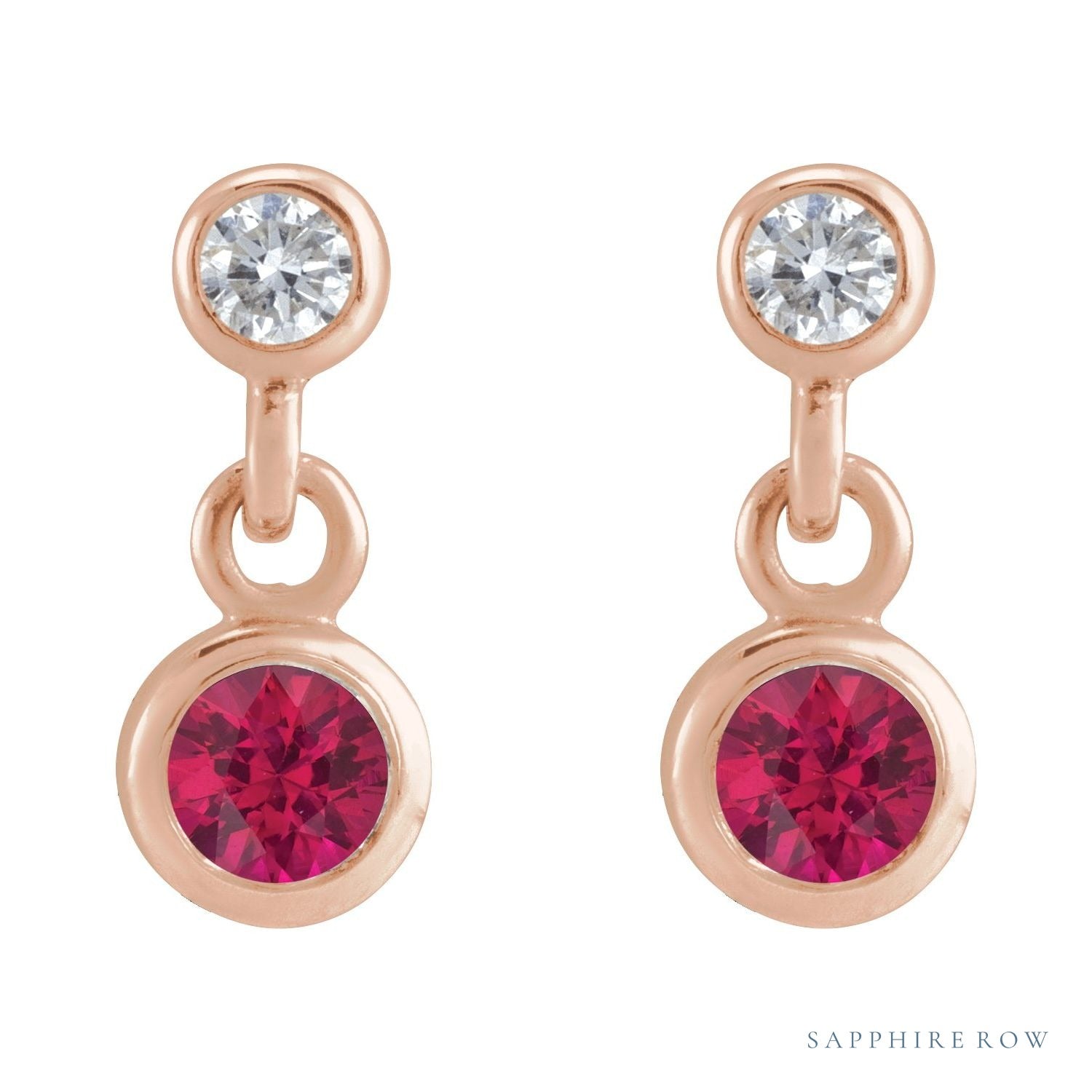 Sapphire Row Lab-Grown Gemstone Two-Stone Bezel Earrings - Ruby, 14K Rose Gold (view 2)