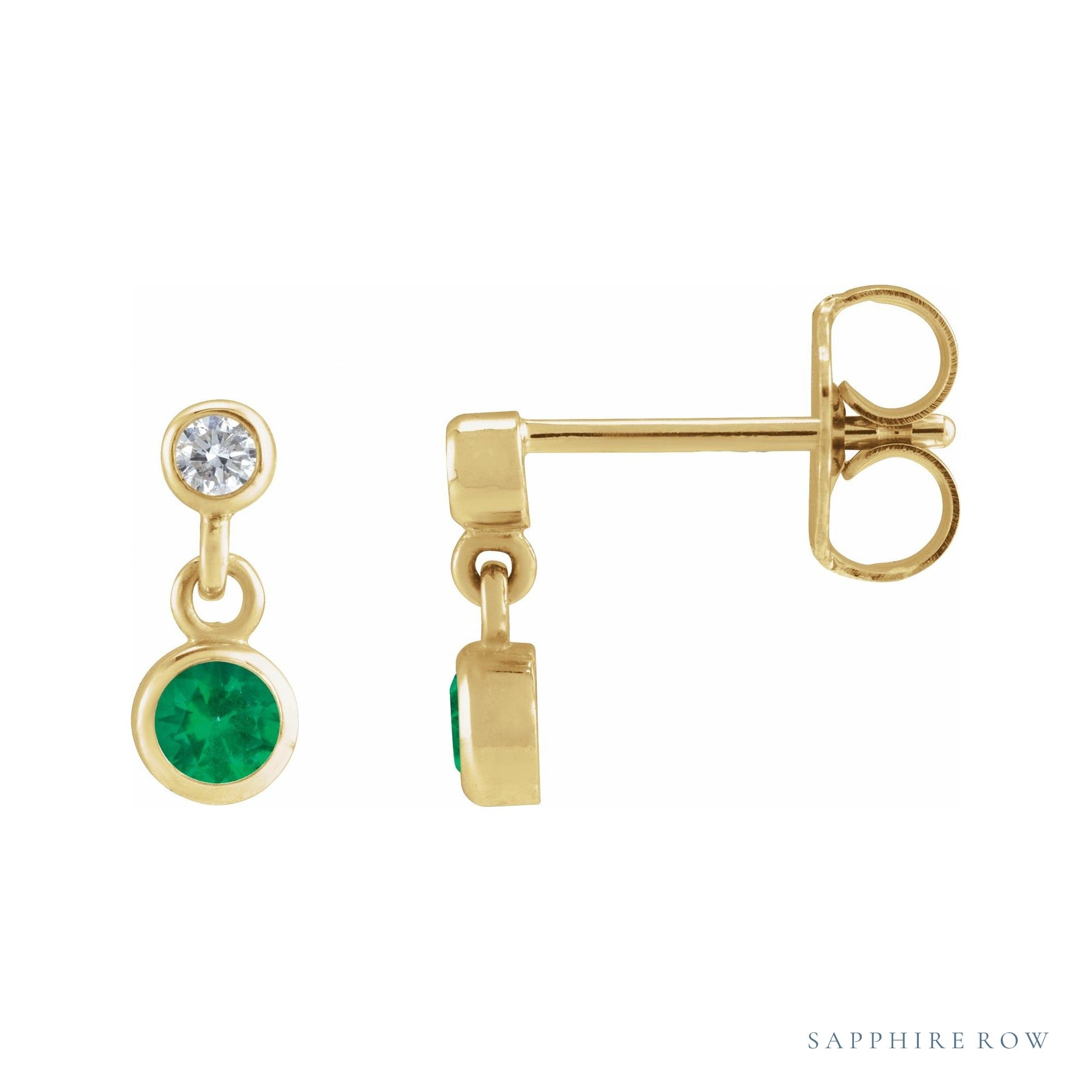 Sapphire Row Lab-Grown Gemstone Two-Stone Bezel Earrings - Emerald, 14K Yellow Gold