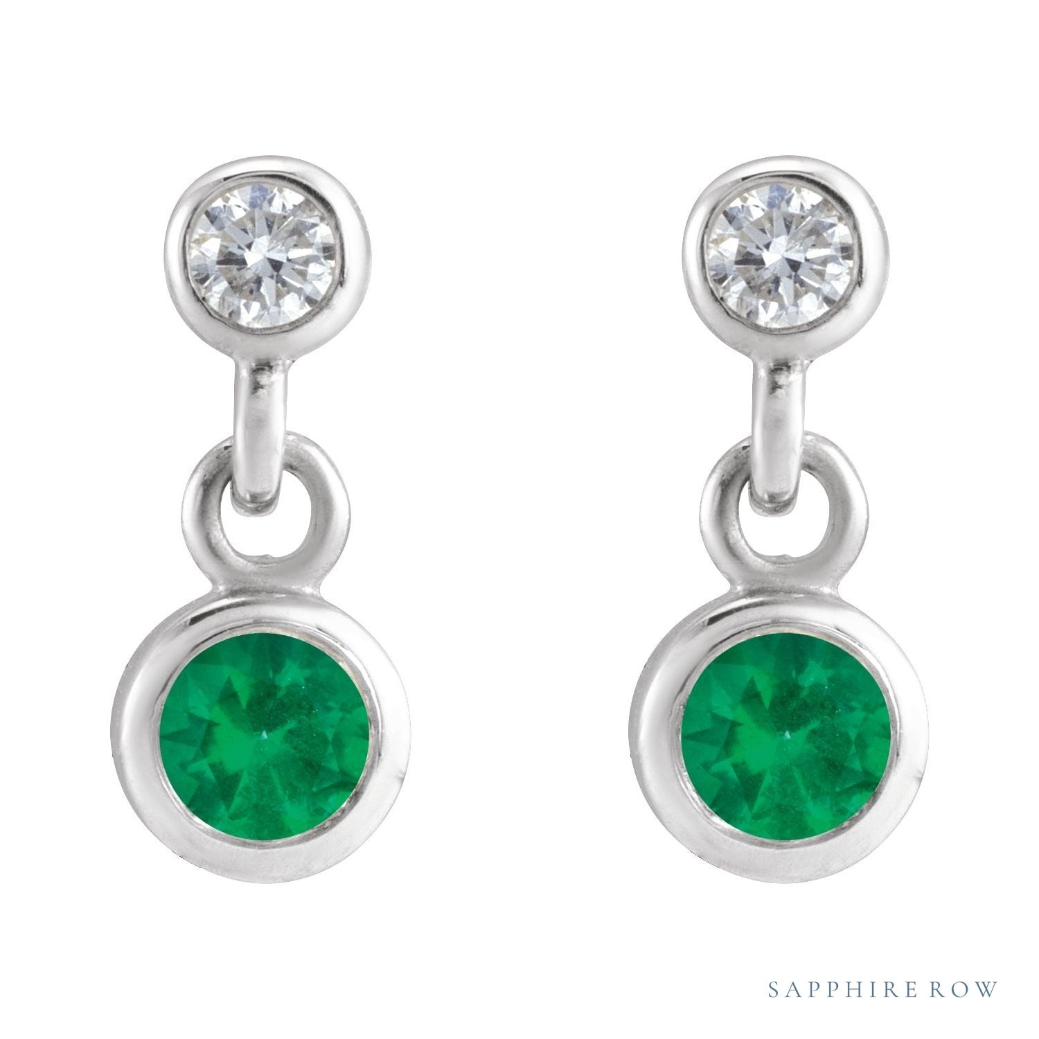 Sapphire Row Lab-Grown Gemstone Two-Stone Bezel Earrings - Emerald, 14K White Gold (view 2)