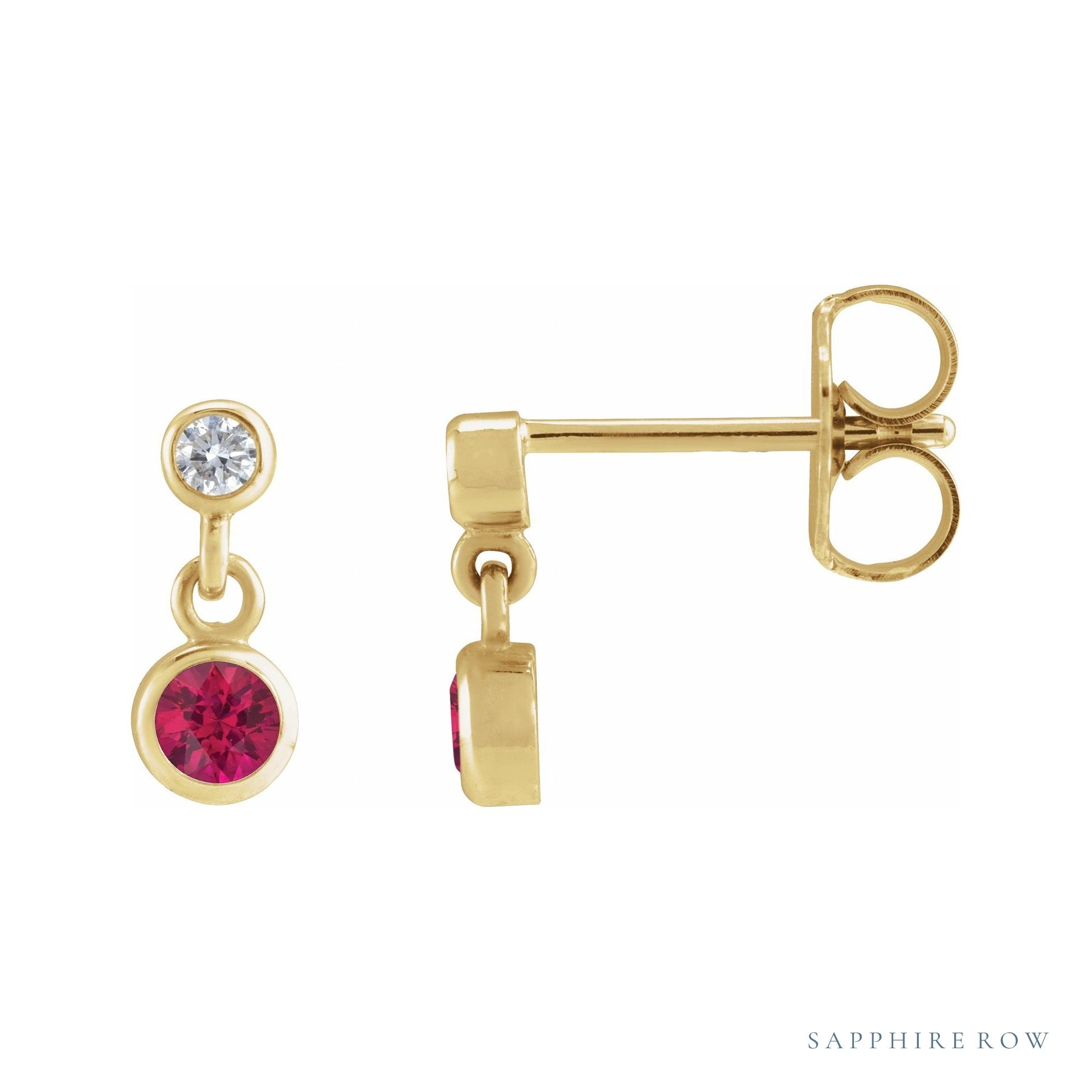 Sapphire Row Lab-Grown Gemstone Two-Stone Bezel Earrings - Ruby, 14K Yellow Gold