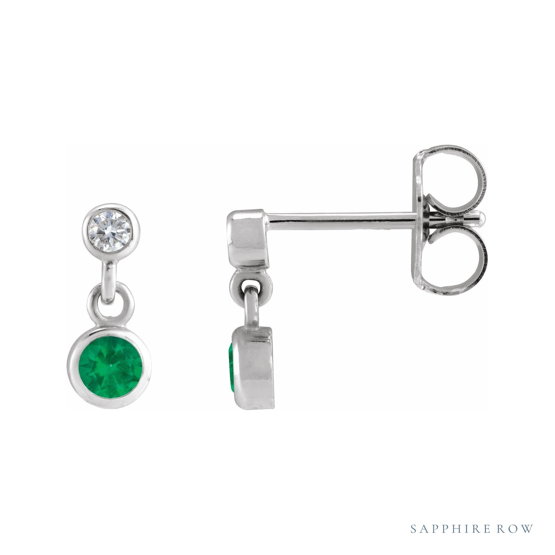 Sapphire Row Lab-Grown Gemstone Two-Stone Bezel Earrings - Emerald, Platinum