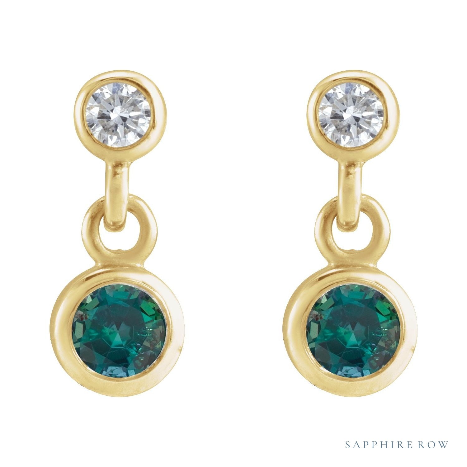 Sapphire Row Lab-Grown Gemstone Two-Stone Bezel Earrings - Alexandrite, 14K Yellow Gold (view 2)