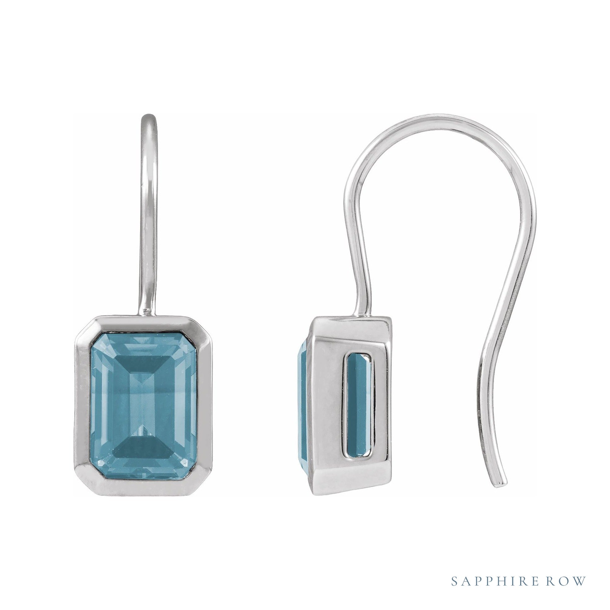 Sapphire Row Natural Gemstone Bezel Drop Earrings - Aquamarine, Platinum