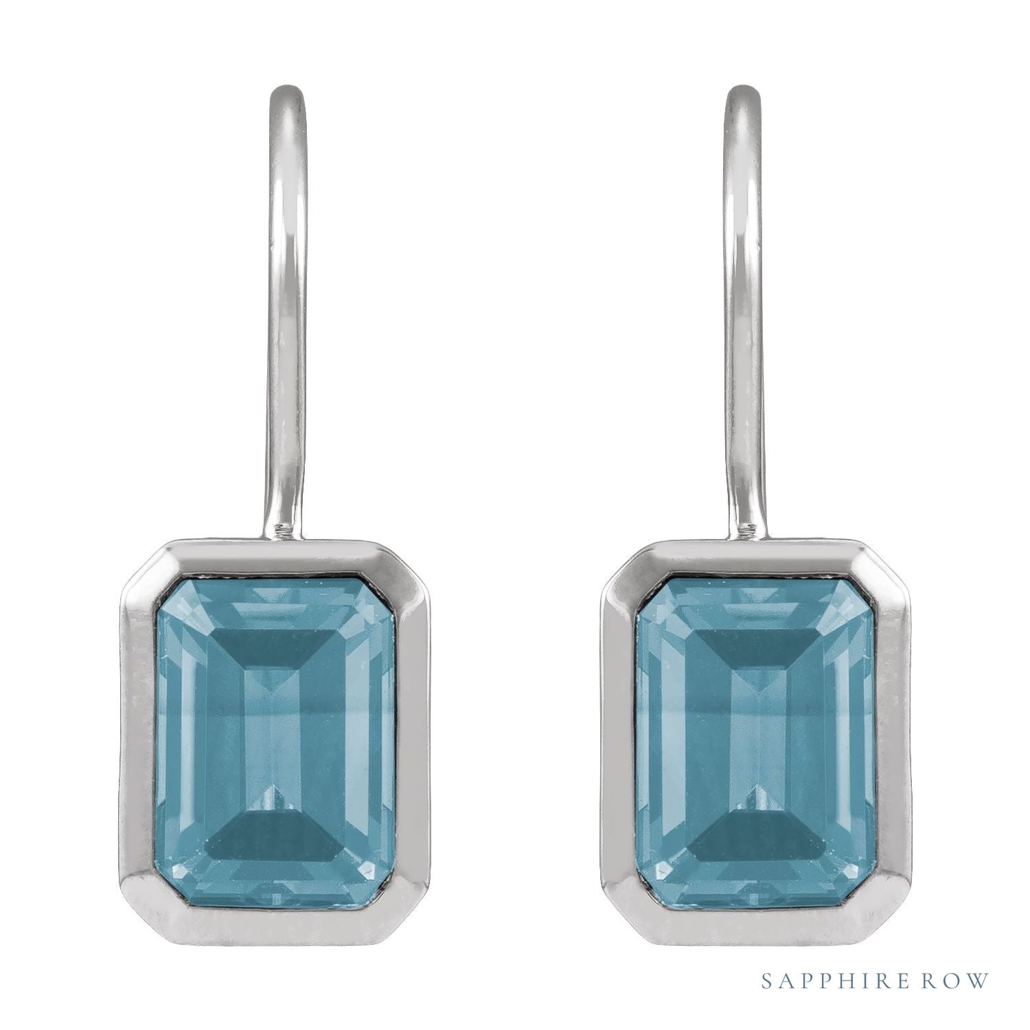 Sapphire Row Natural Gemstone Bezel Drop Earrings - Aquamarine, Platinum (view 2)