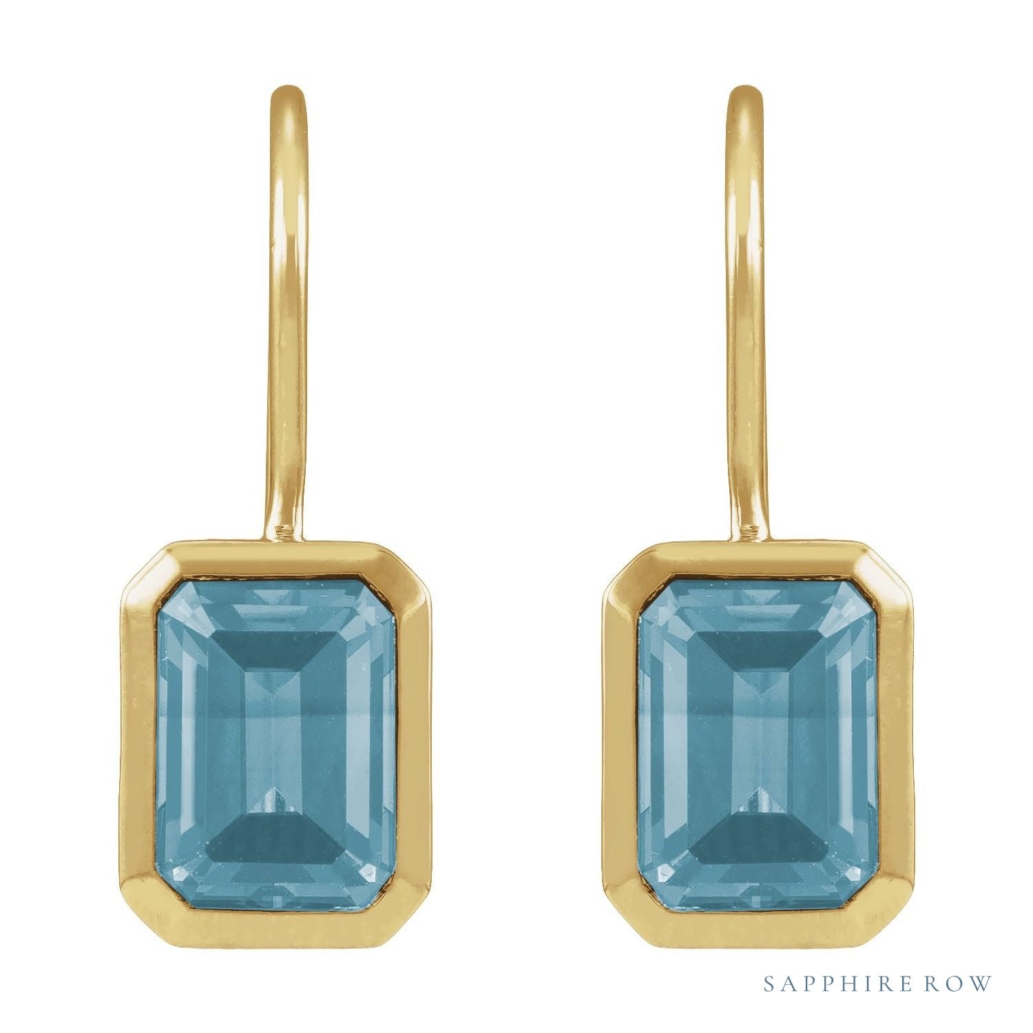 Sapphire Row Natural Gemstone Bezel Drop Earrings - Aquamarine, 14K Yellow Gold (view 2)