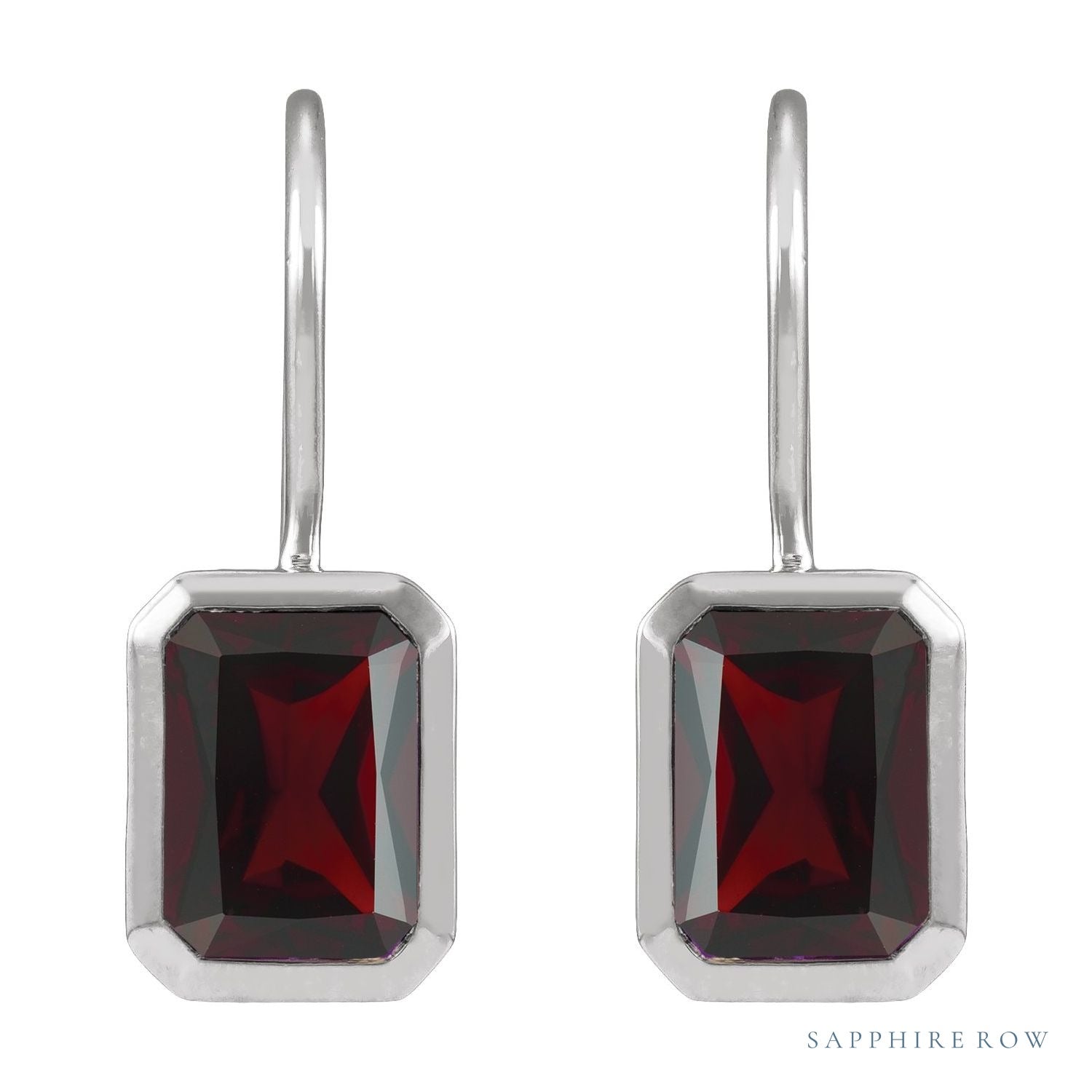 Sapphire Row Natural Gemstone Bezel Drop Earrings - Mozambique Garnet, Platinum (view 2)