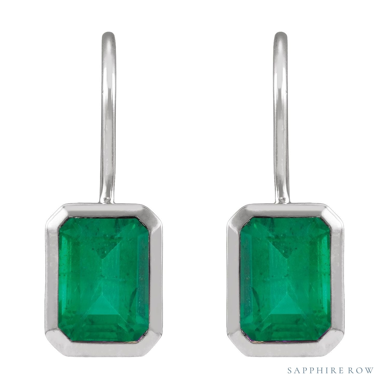 Sapphire Row Natural Gemstone Bezel Drop Earrings - Emerald, 14K White Gold, 8 x 6 mm (view 2)