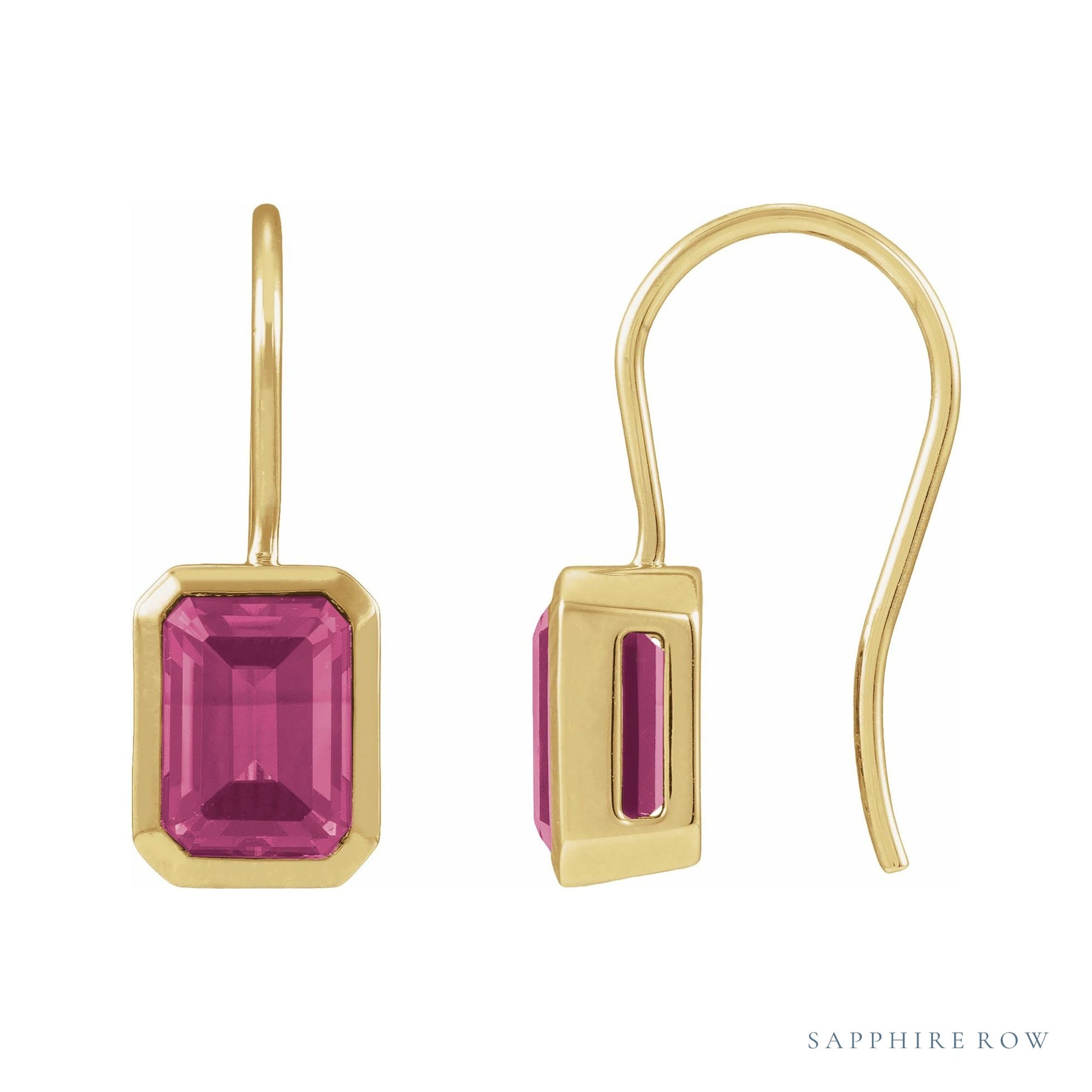 Sapphire Row Natural Gemstone Bezel Drop Earrings - Pink Tourmaline, 14K Yellow Gold