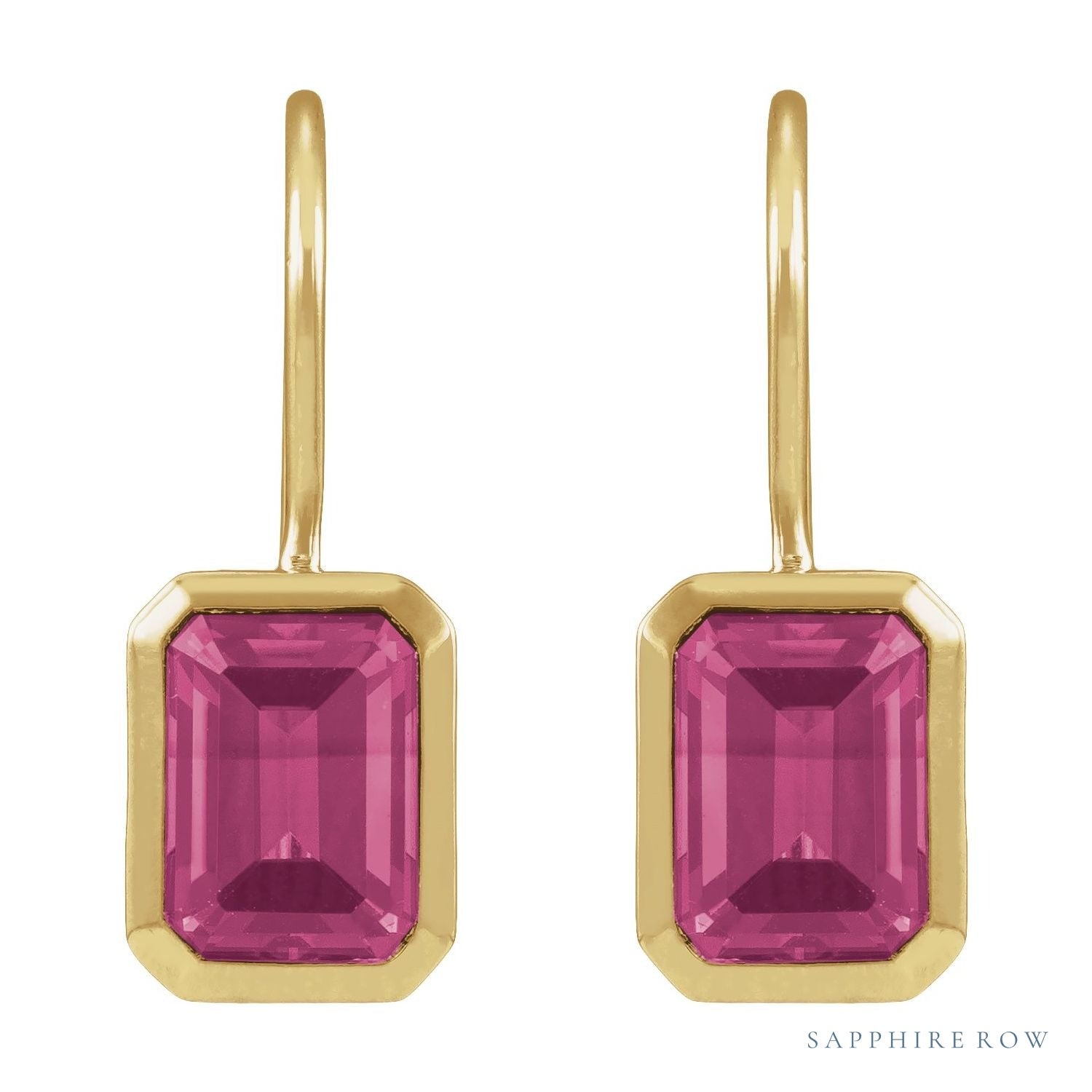 Sapphire Row Natural Gemstone Bezel Drop Earrings - Pink Tourmaline, 14K Yellow Gold (view 2)