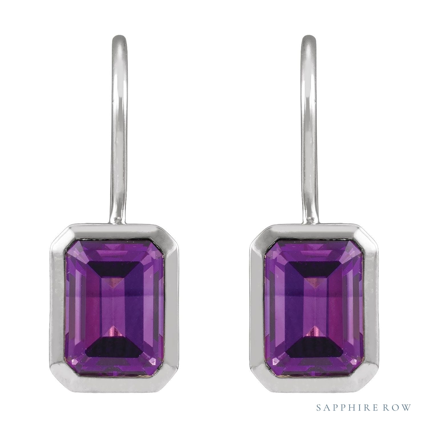 Sapphire Row Natural Gemstone Bezel Drop Earrings - Amethyst, 14K White Gold (view 2)