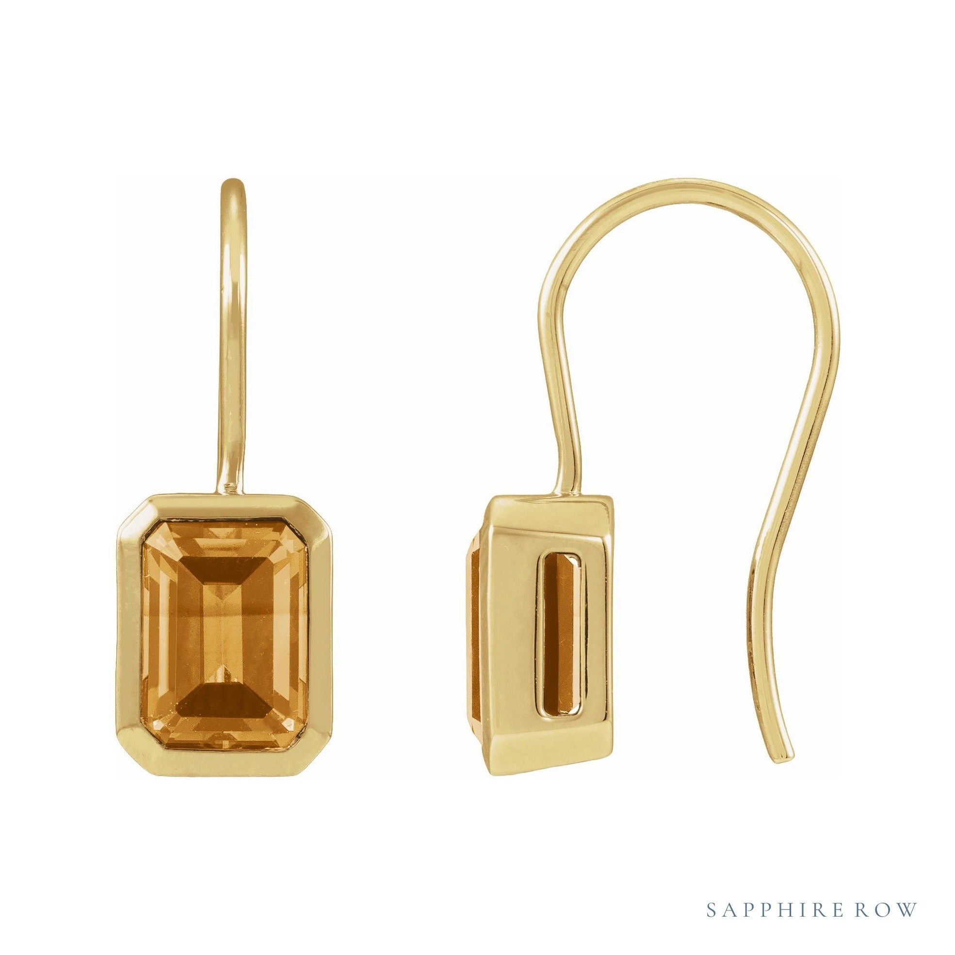 Sapphire Row Natural Gemstone Bezel Drop Earrings - Citrine, 14K Yellow Gold