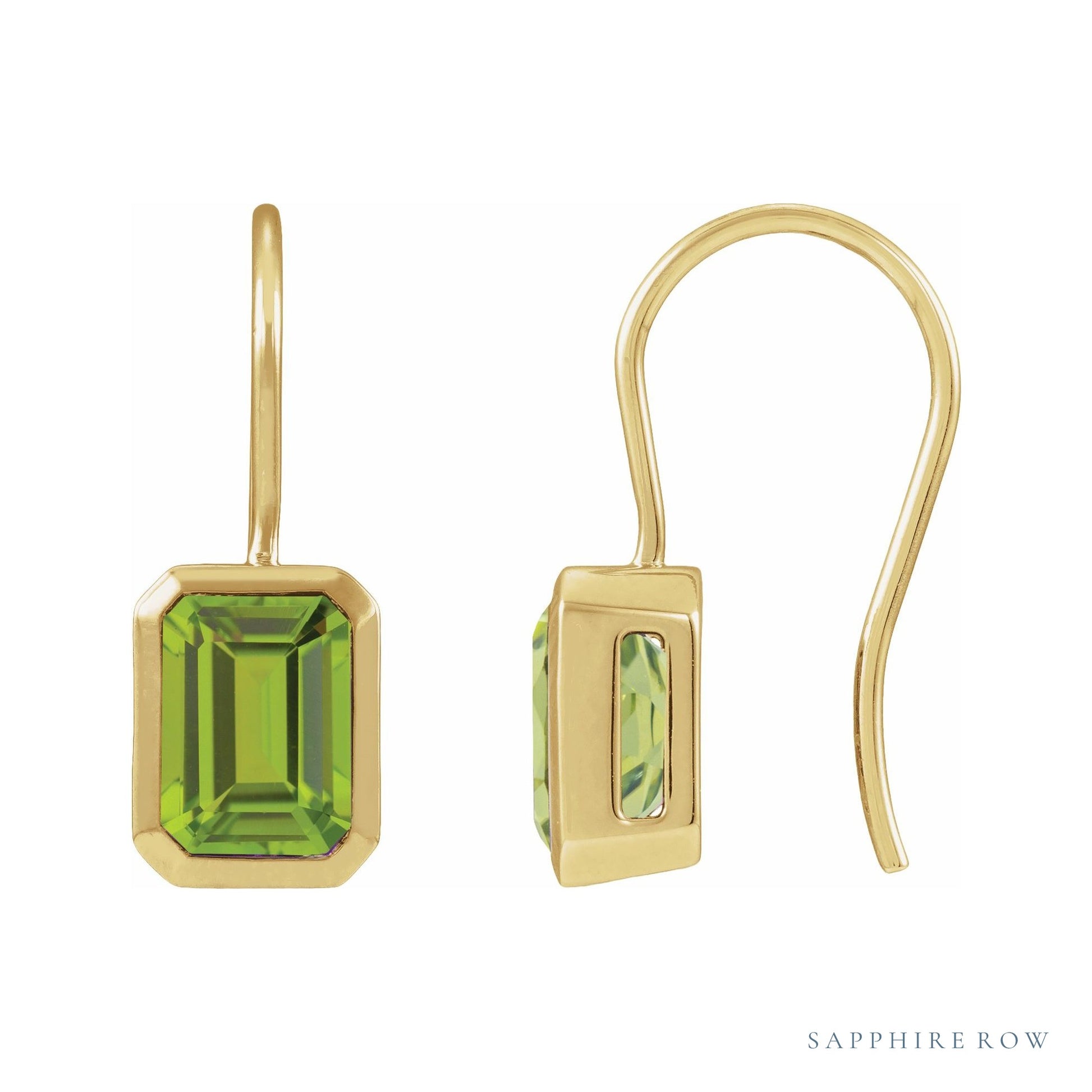 Sapphire Row Natural Gemstone Bezel Drop Earrings - Peridot, 14K Yellow Gold