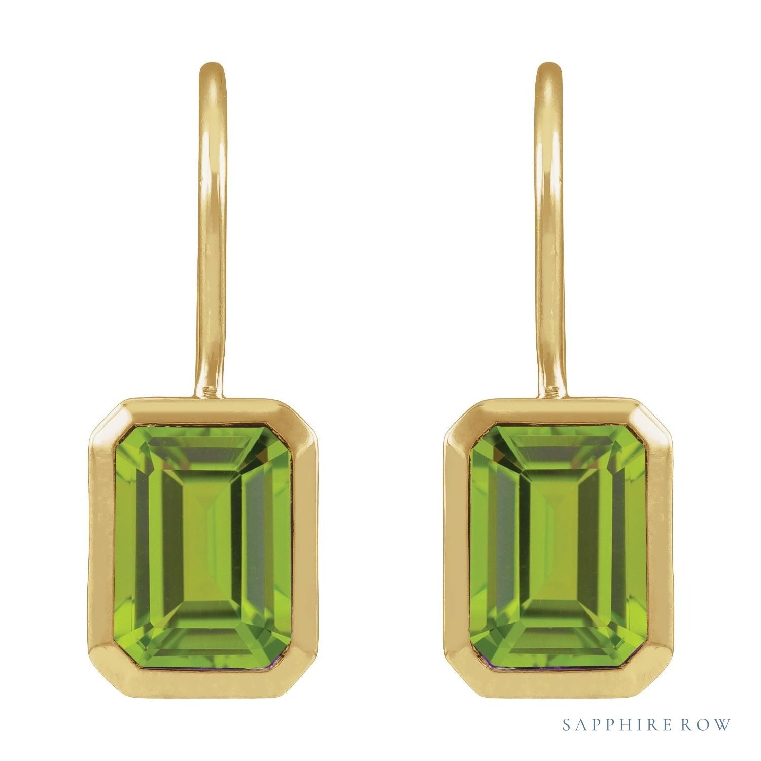 Sapphire Row Natural Gemstone Bezel Drop Earrings - Peridot, 14K Yellow Gold (view 2)
