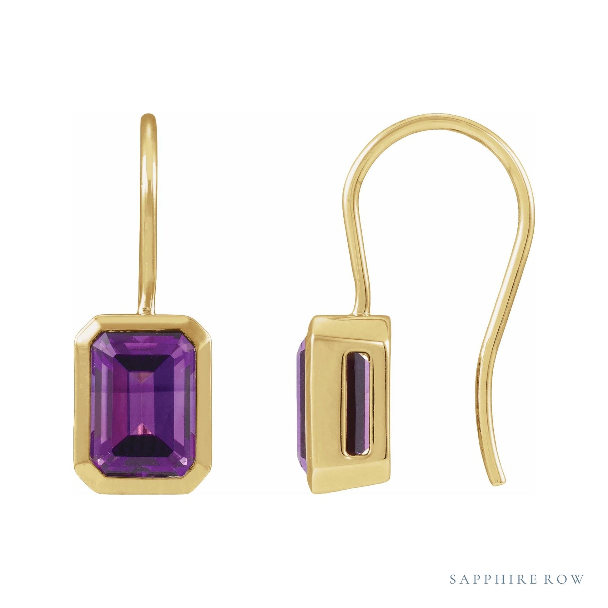 Sapphire Row Natural Gemstone Bezel Drop Earrings - Amethyst, 14K Yellow Gold