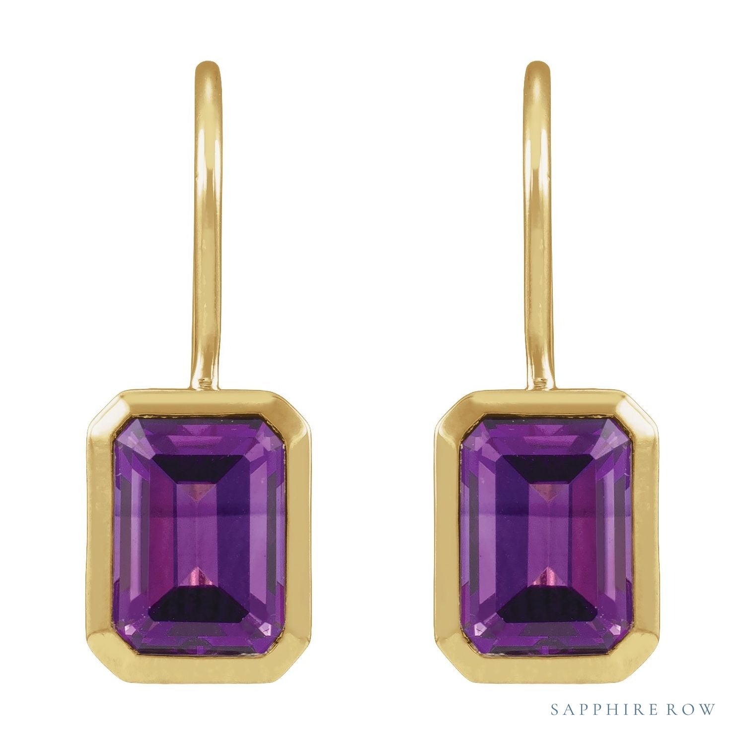 Sapphire Row Natural Gemstone Bezel Drop Earrings - Amethyst, 14K Yellow Gold (view 2)