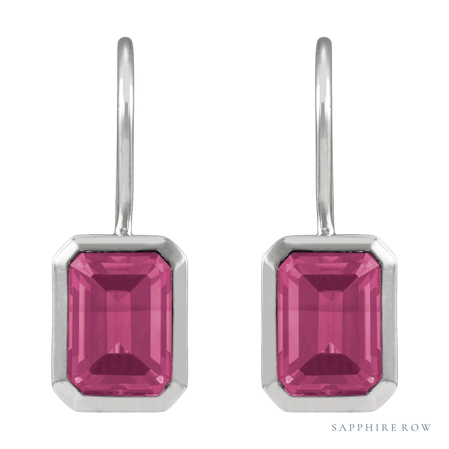 Sapphire Row Natural Gemstone Bezel Drop Earrings - Pink Tourmaline, Platinum (view 2)