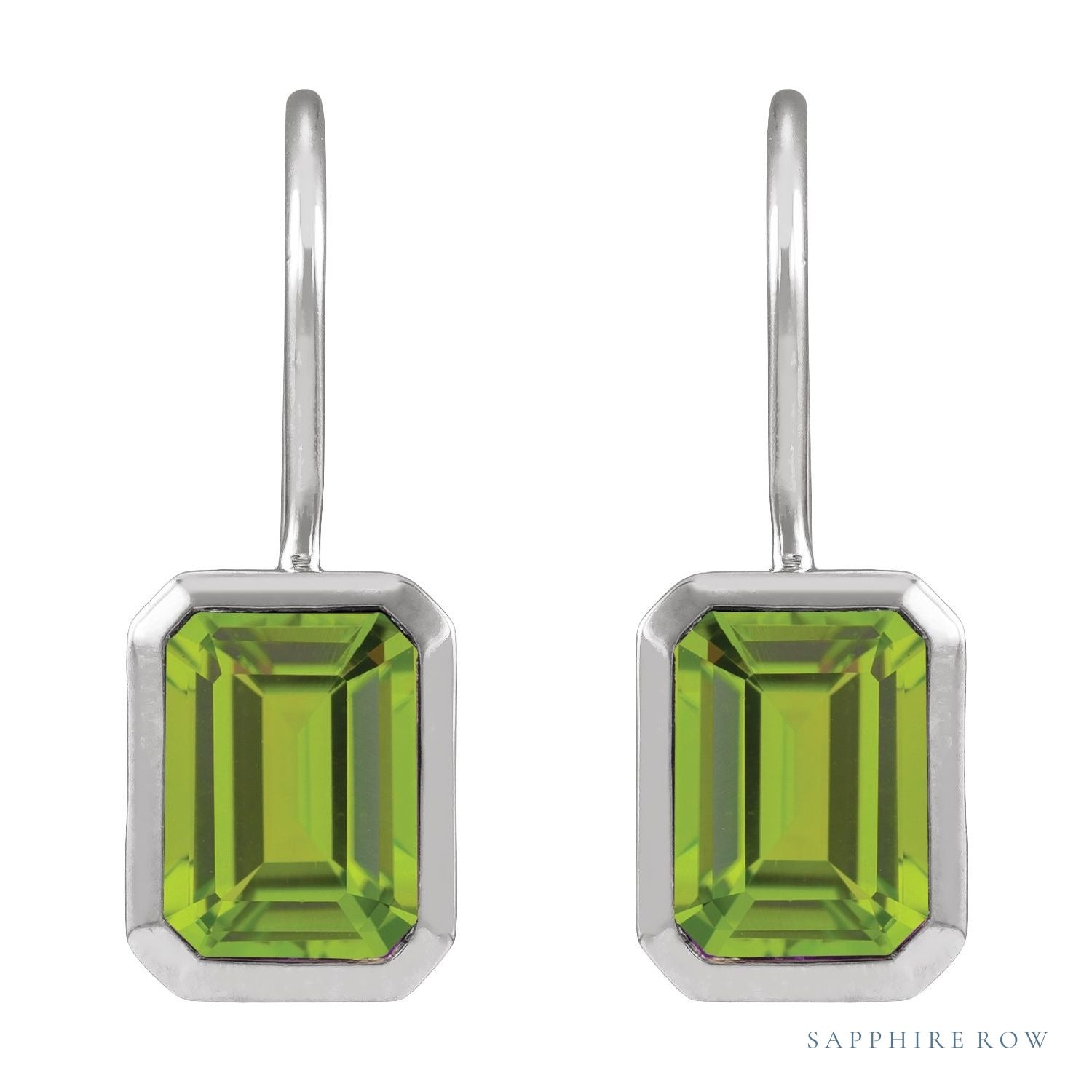 Sapphire Row Natural Gemstone Bezel Drop Earrings - Peridot, Platinum (view 2)
