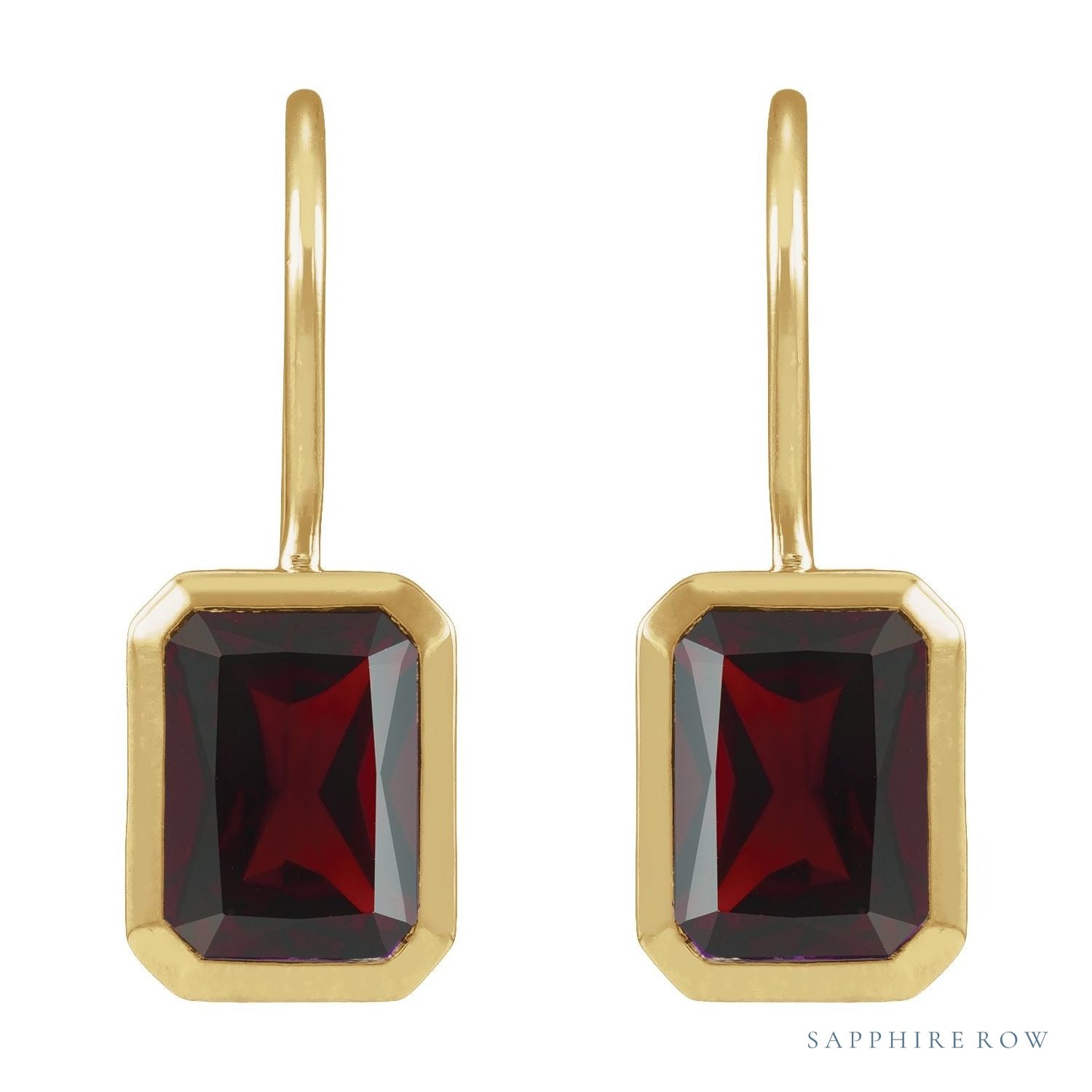 Sapphire Row Natural Gemstone Bezel Drop Earrings - Mozambique Garnet, 14K Yellow Gold (view 2)