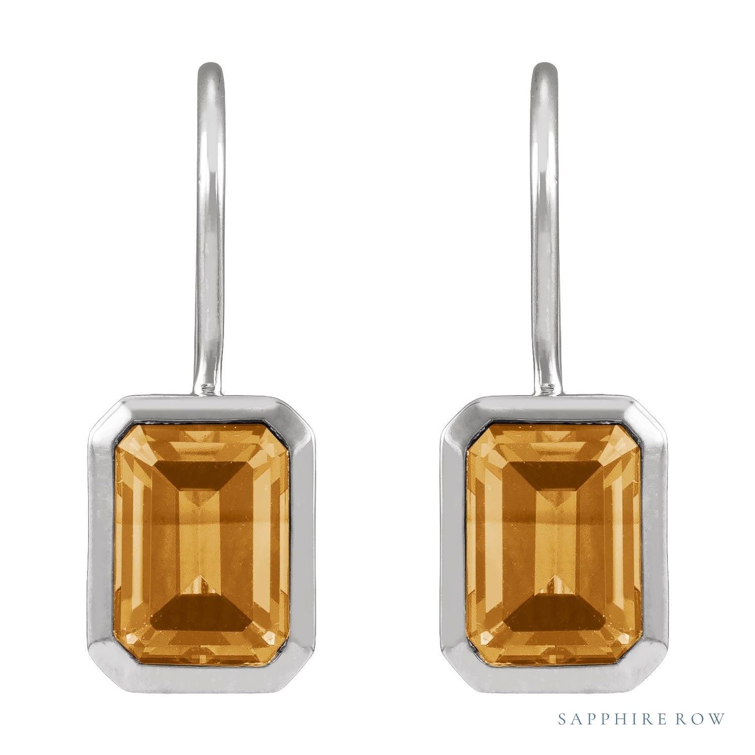 Sapphire Row Natural Gemstone Bezel Drop Earrings - Citrine, 14K White Gold (view 2)