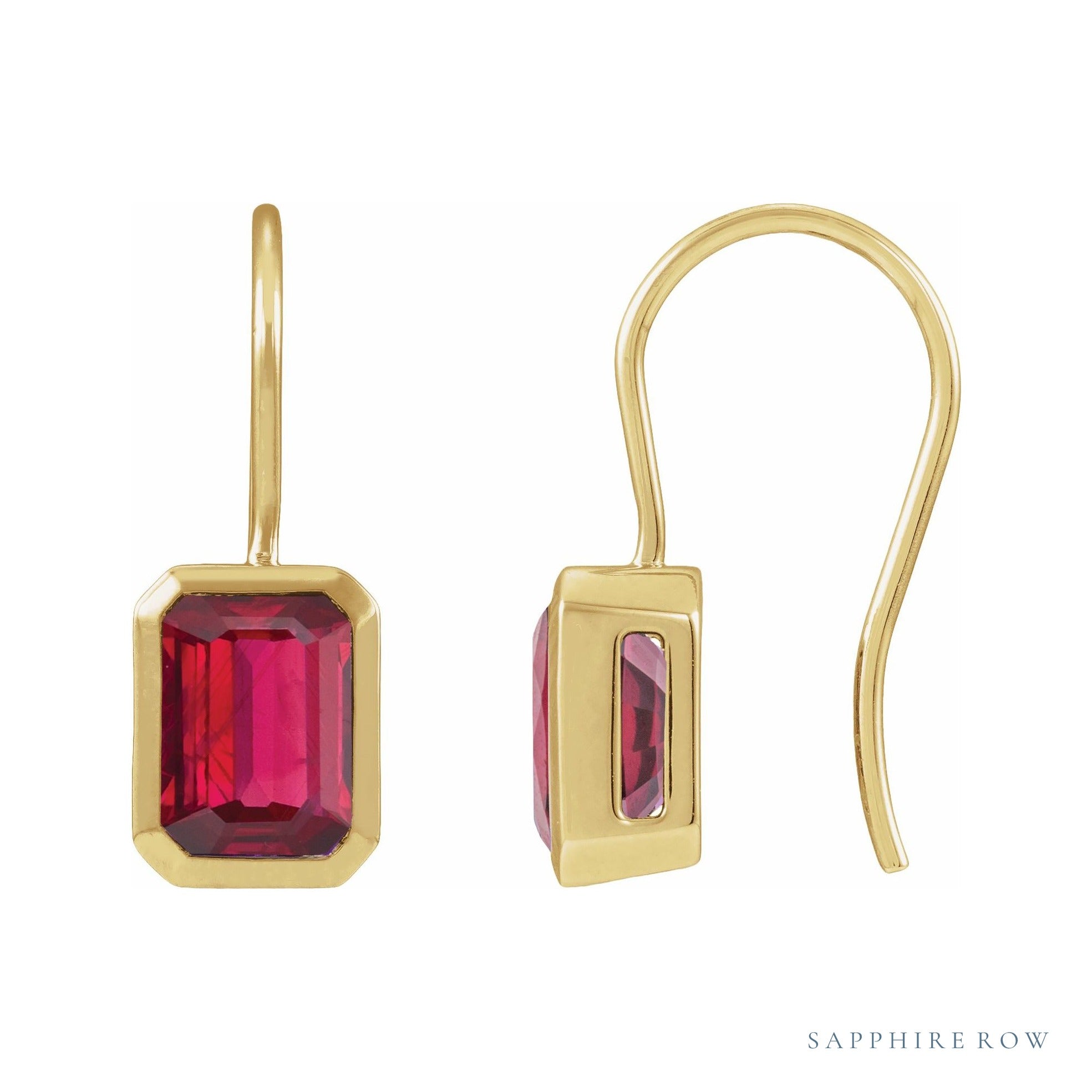 Sapphire Row Lab-Grown Gemstone Bezel Drop Earrings - Ruby, 14K Yellow Gold